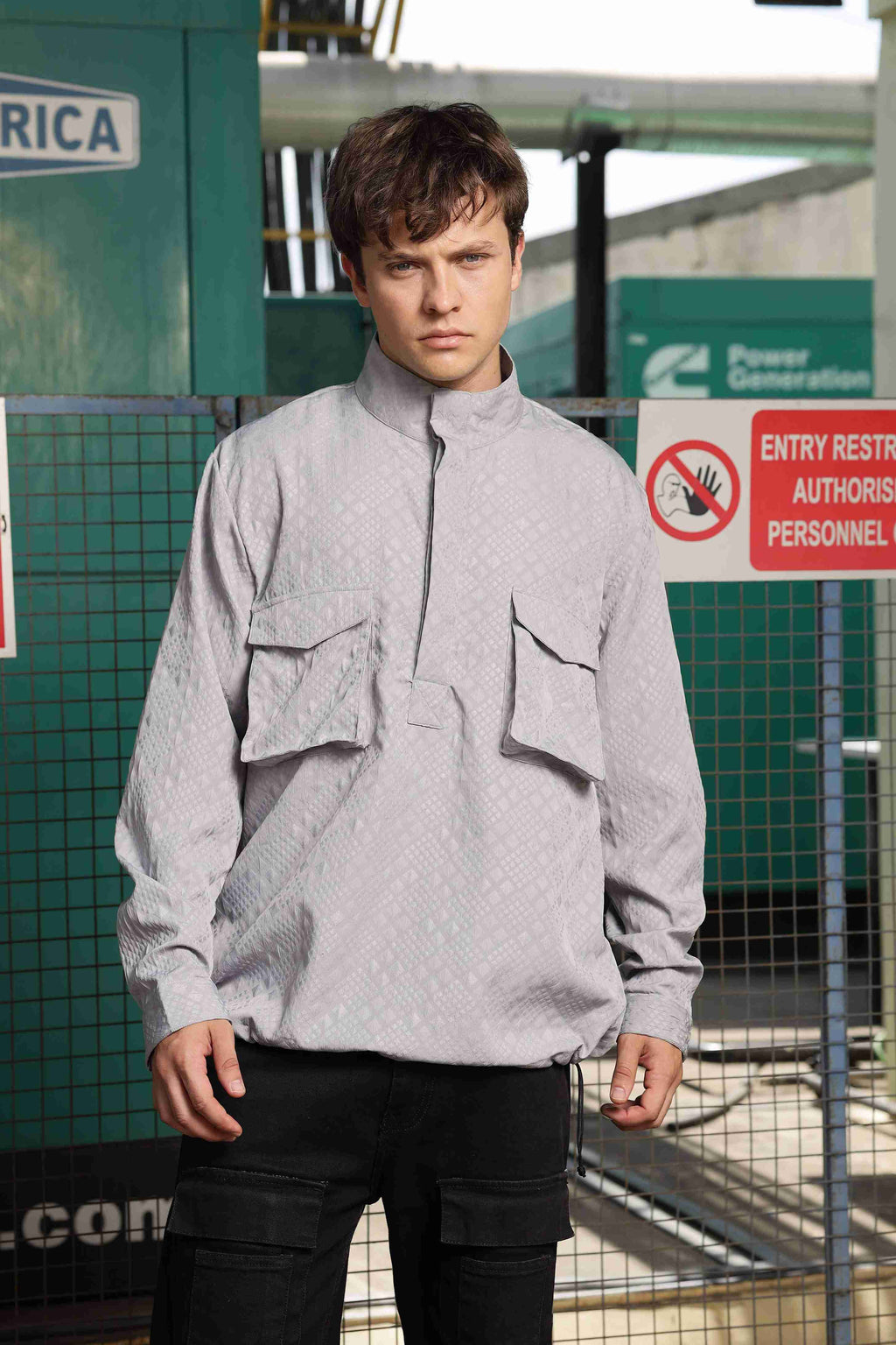 Grey Oversized Jacquard Textured Shacket Pullover