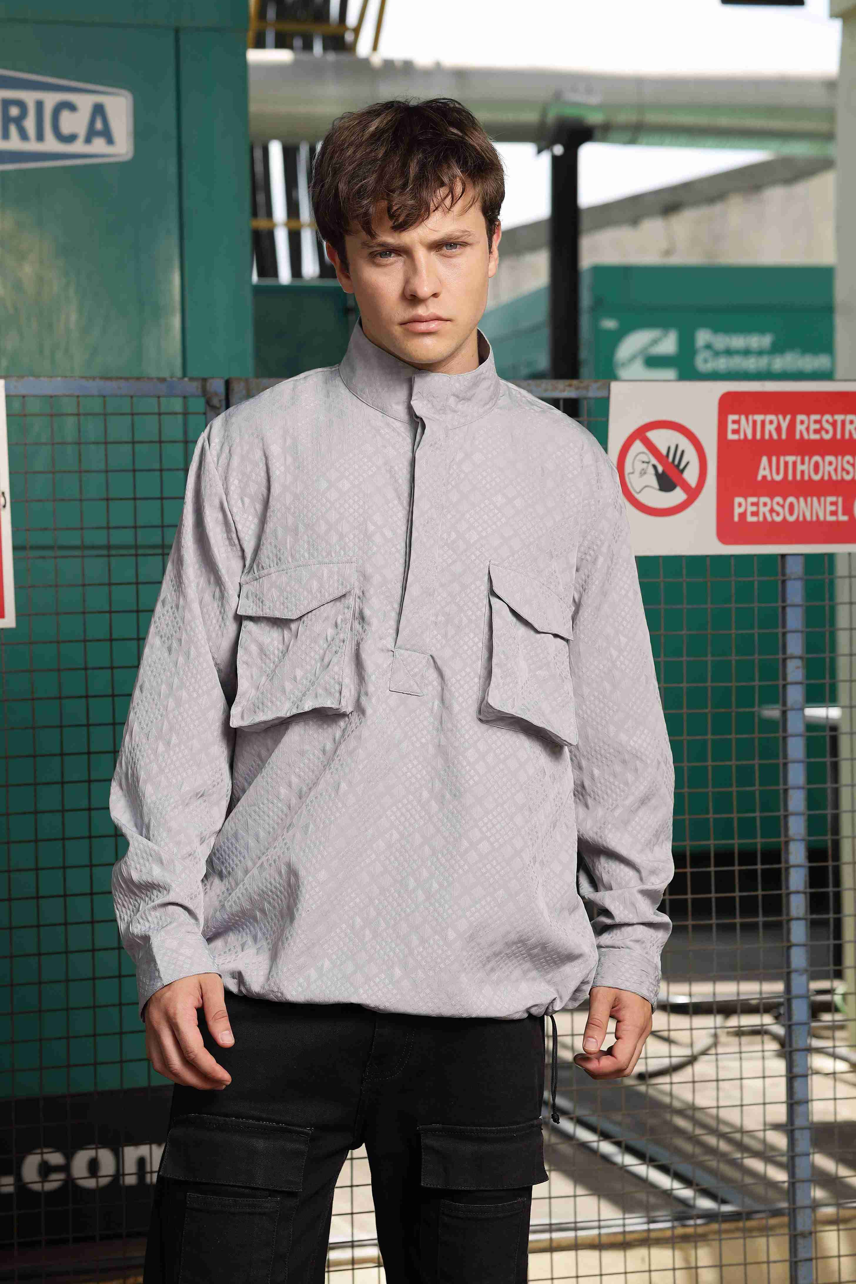 Grey Oversized Jacquard Textured Shacket Pullover