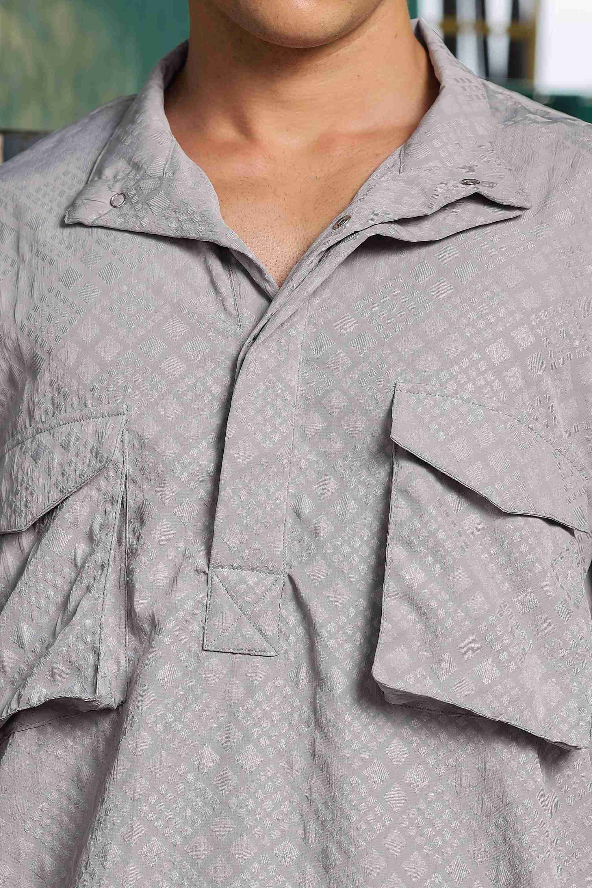 Grey Oversized Jacquard Textured Shacket Pullover