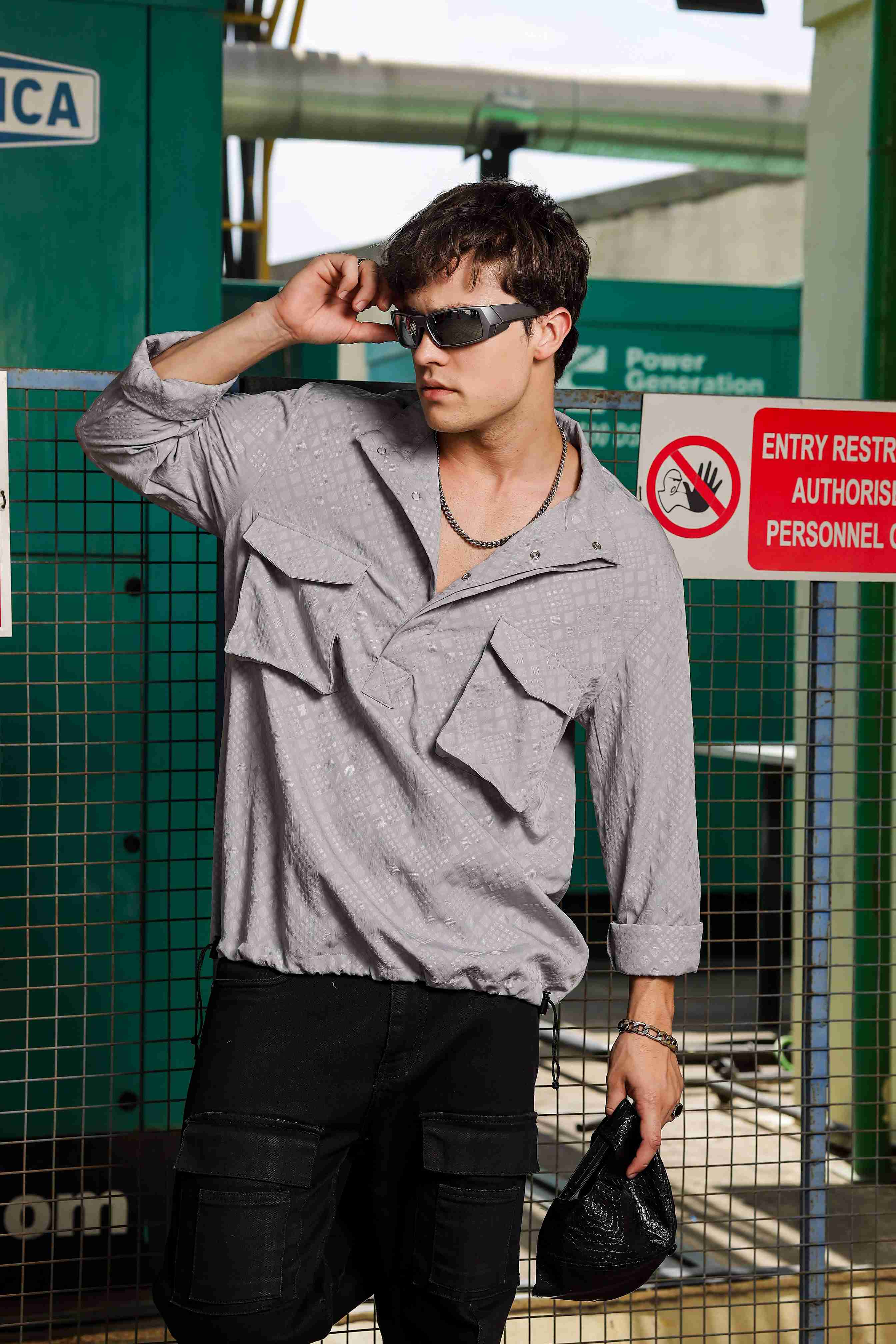 Grey Oversized Jacquard Textured Shacket Pullover