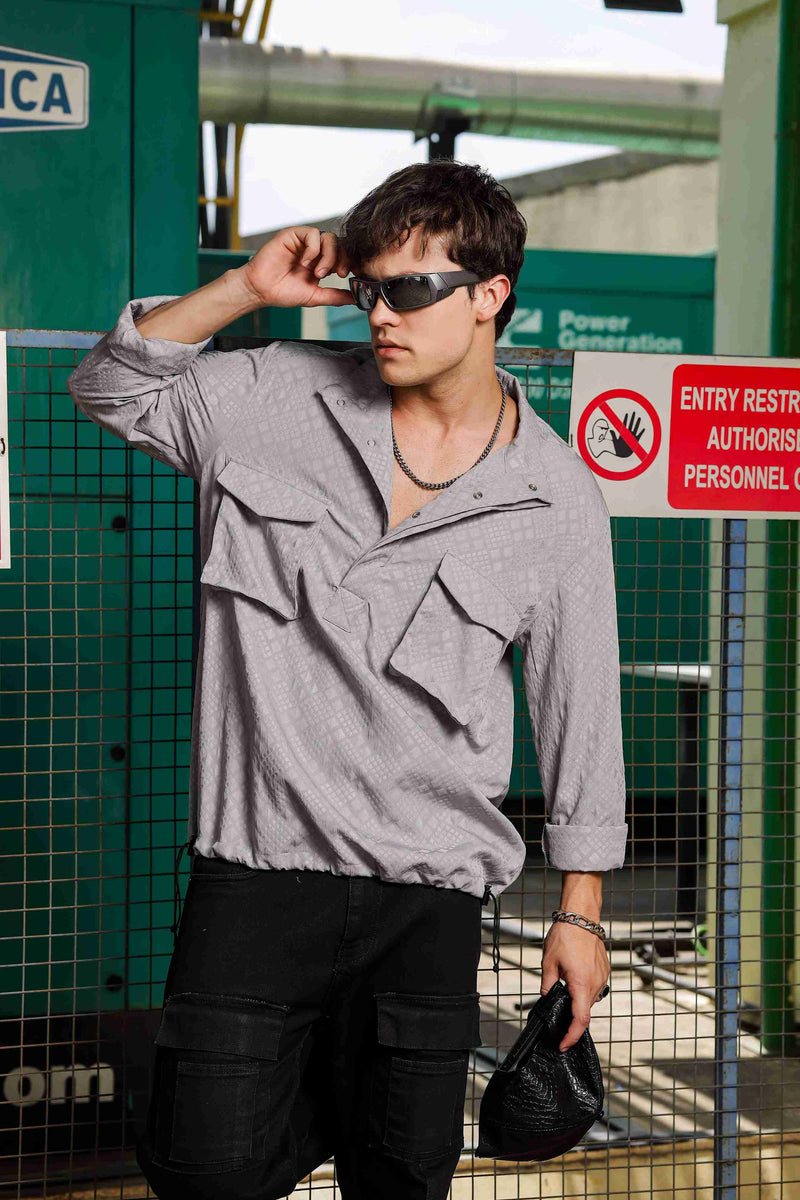 Grey Oversized Jacquard Textured Shacket Pullover
