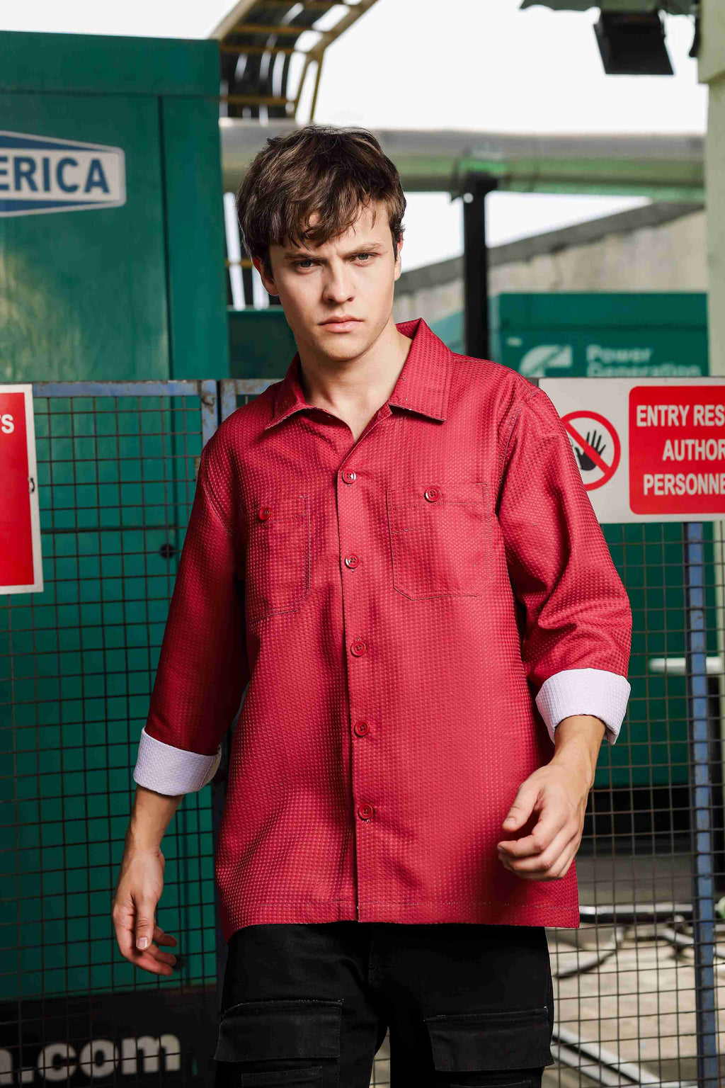 Maroon Red Textured Fabric Relaxed Fit Full Sleeve Shacket Shirt