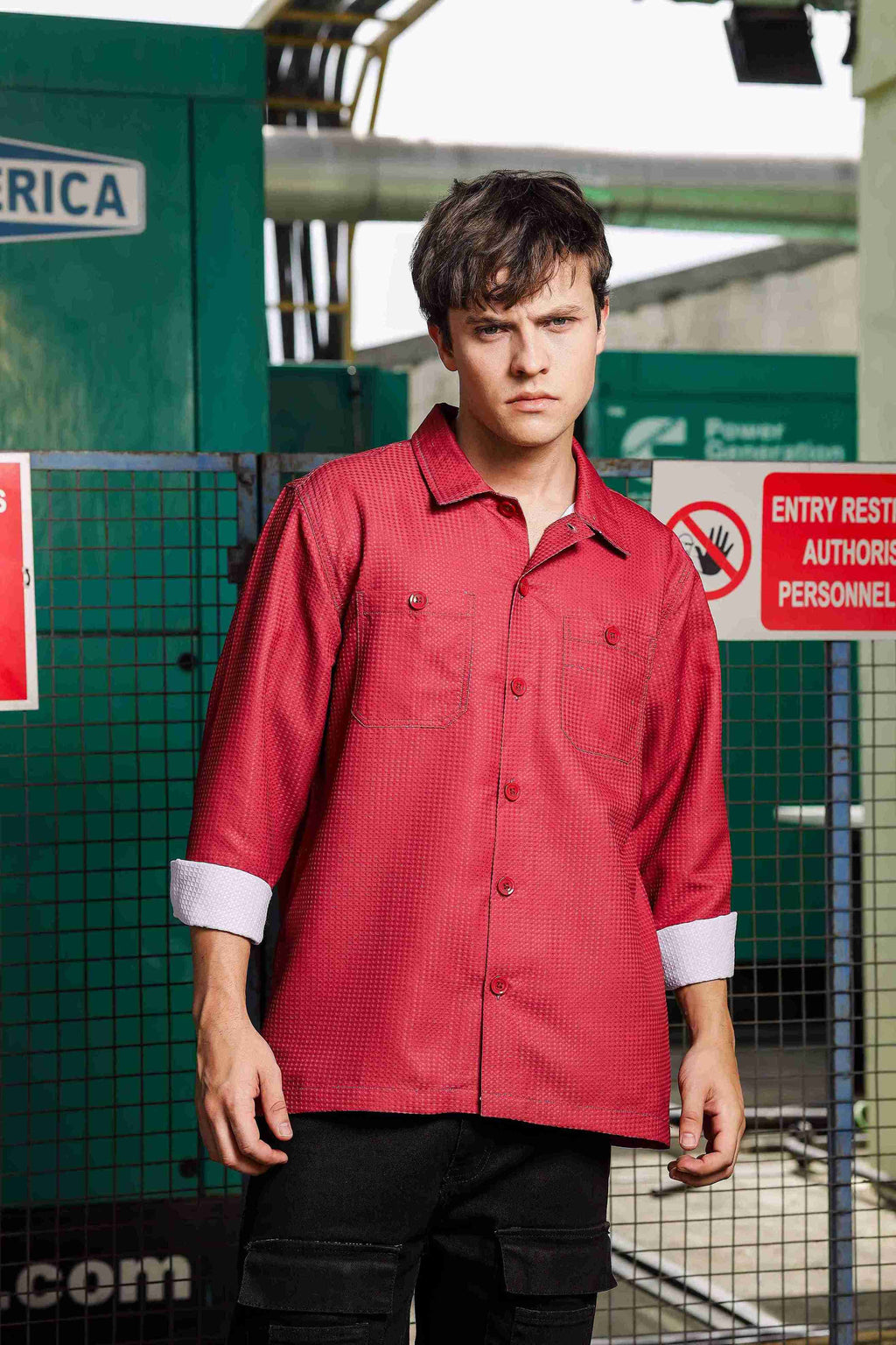 Maroon Red Textured Fabric Relaxed Fit Full Sleeve Shacket Shirt