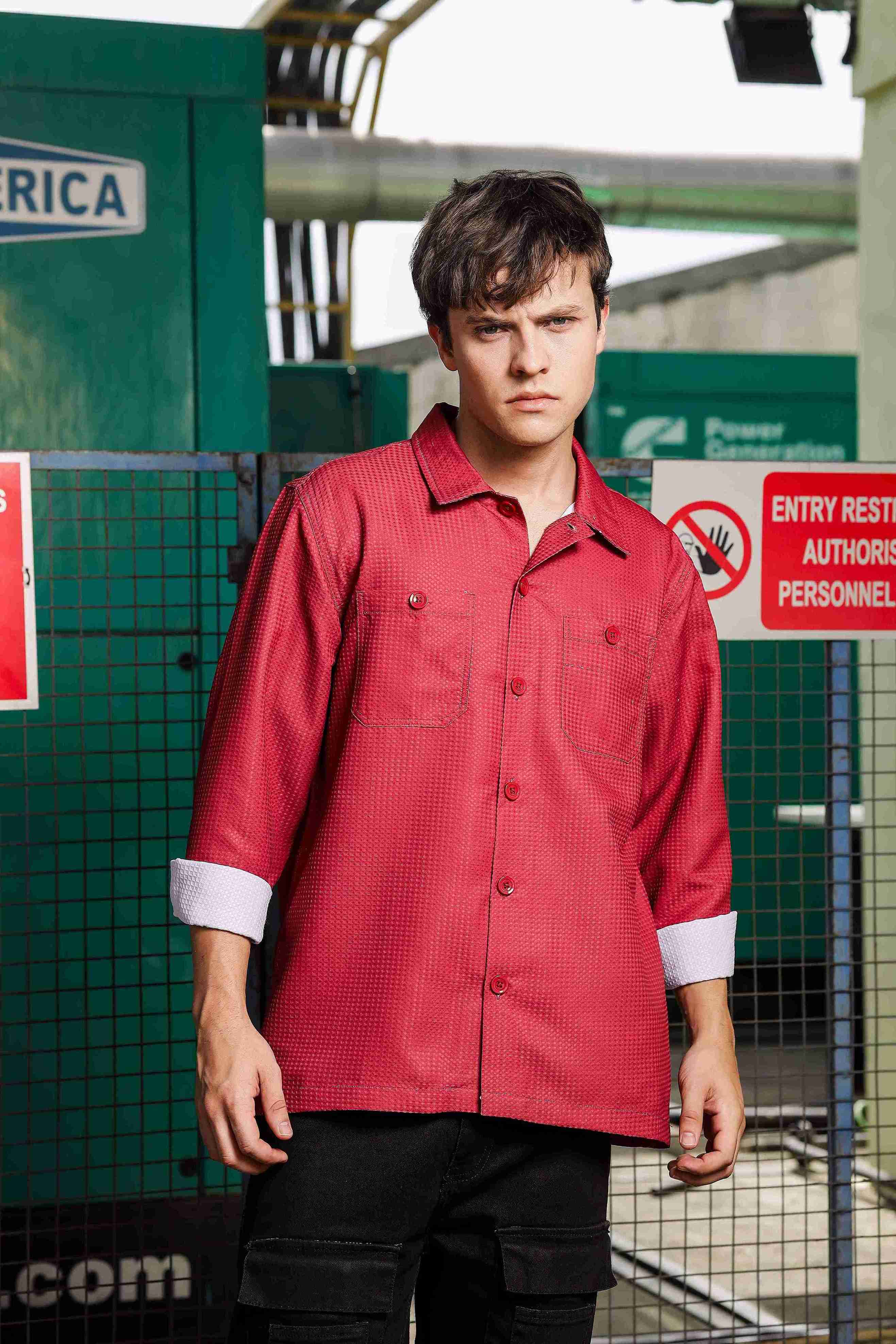 Maroon Red Textured Fabric Relaxed Fit Full Sleeve Shacket Shirt
