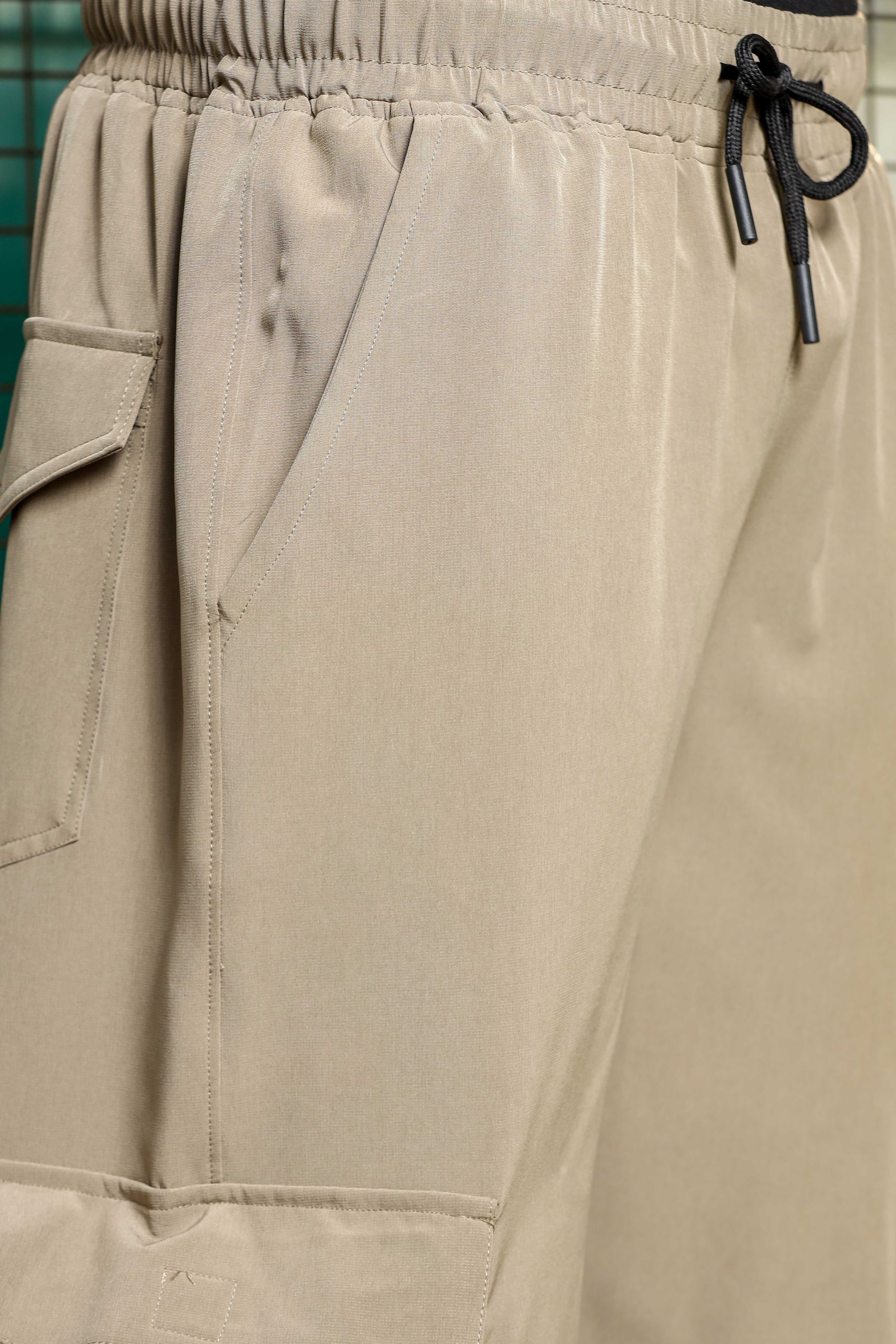 Beige Baggy Fit 6-Pocket Parachute Cargo Trousers