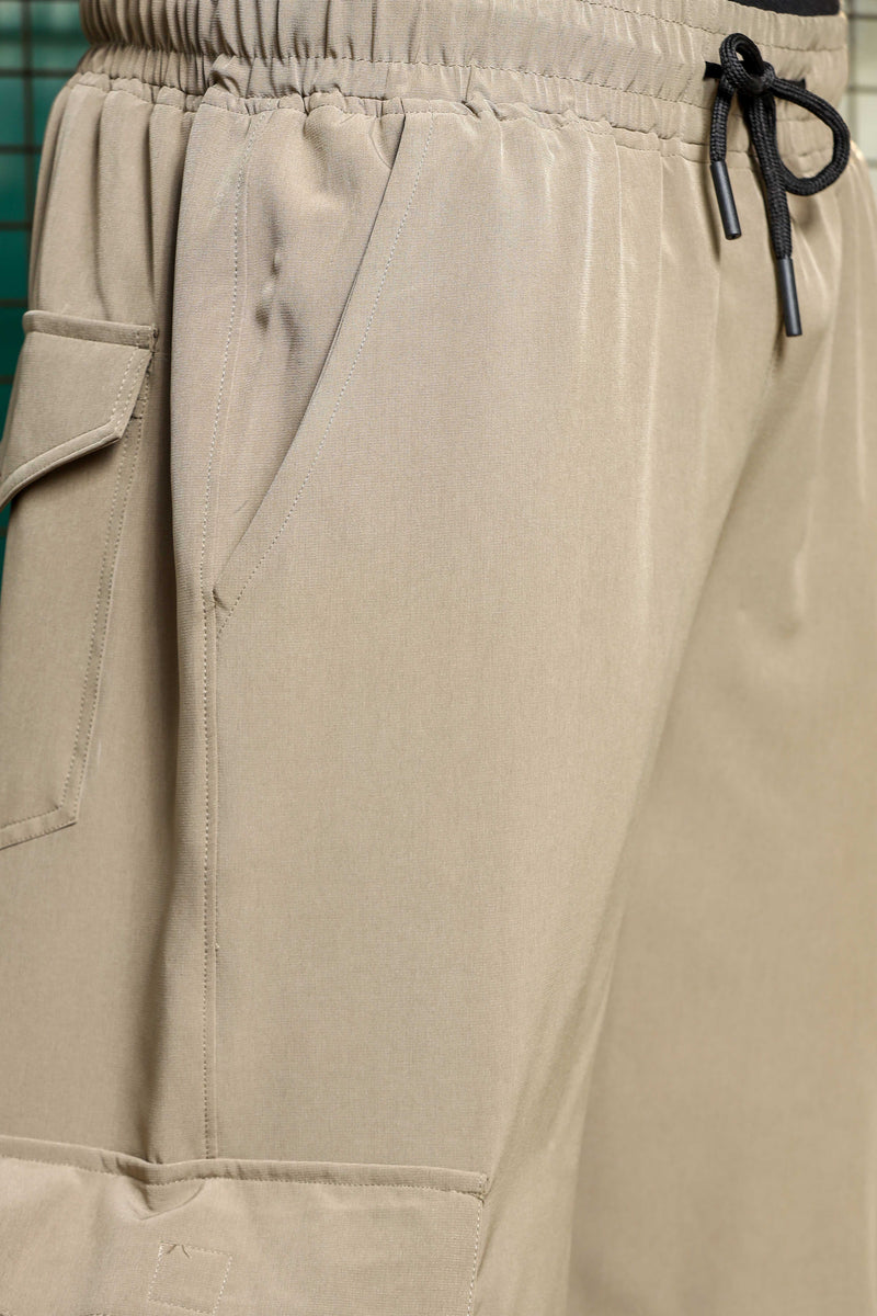 Beige Baggy Fit 6-Pocket Parachute Cargo Trousers