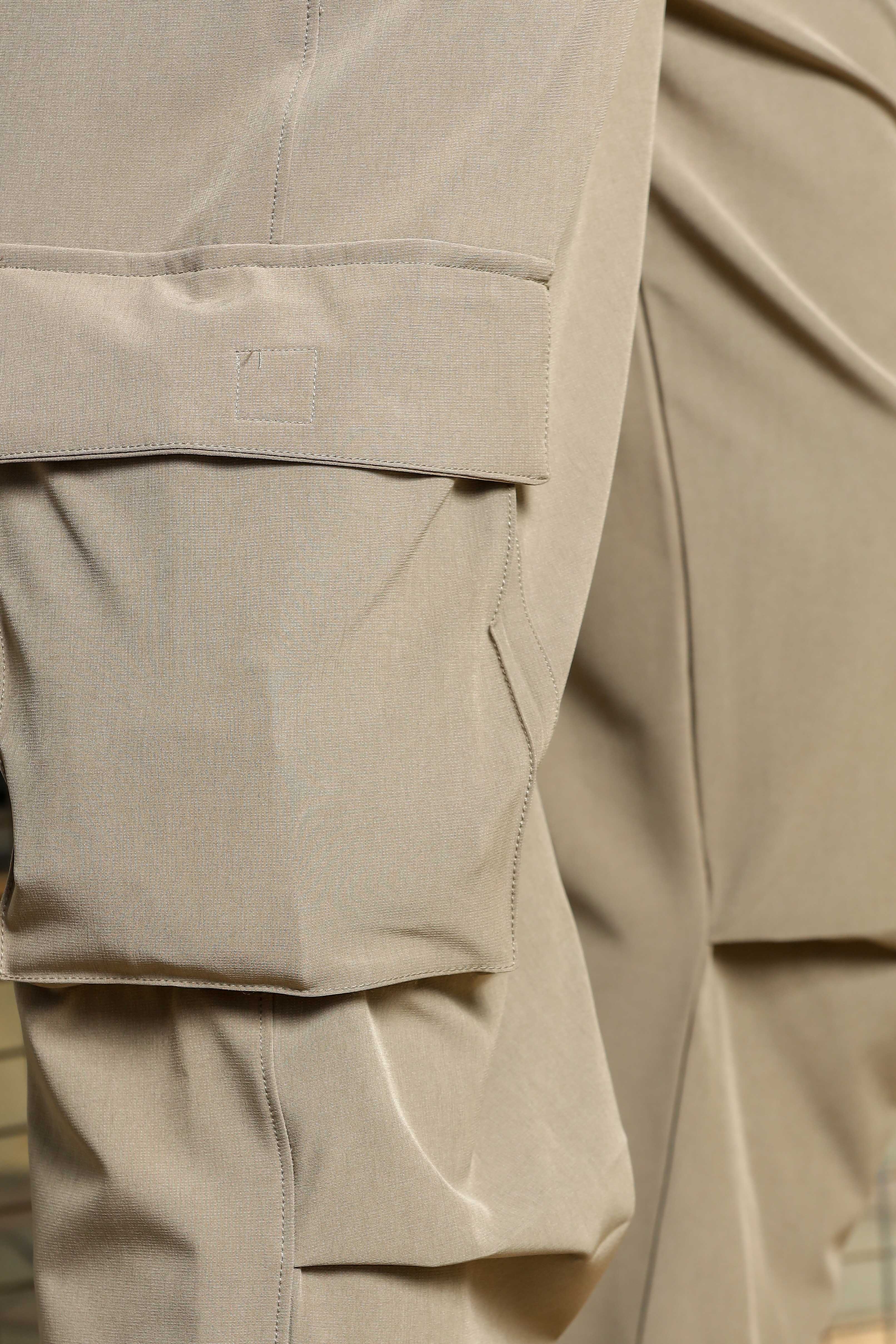 Beige Baggy Fit 6-Pocket Parachute Cargo Trousers