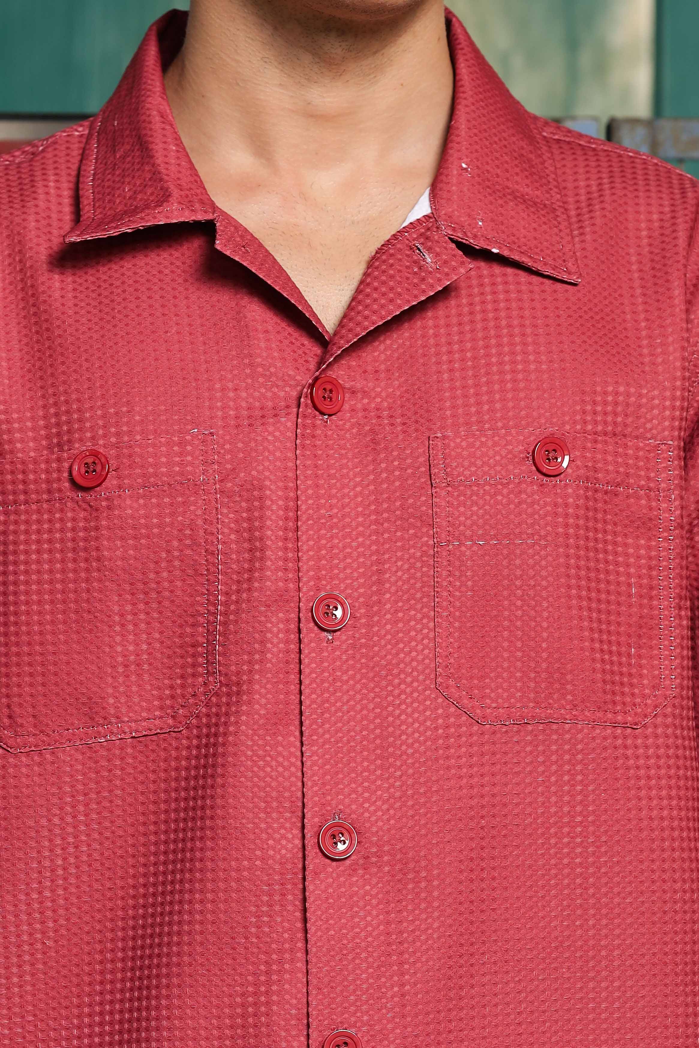 Maroon Red Textured Fabric Relaxed Fit Full Sleeve Shacket Shirt