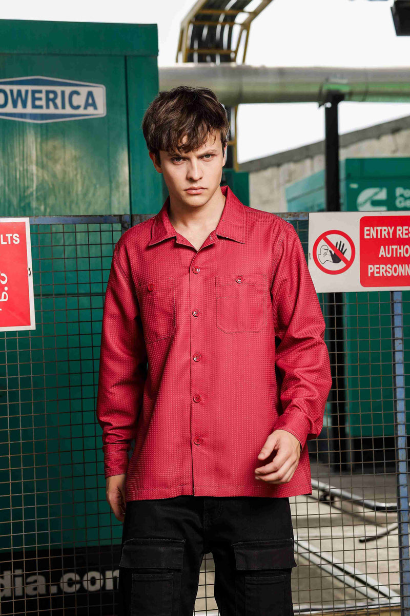 Maroon Red Textured Fabric Relaxed Fit Full Sleeve Shacket Shirt