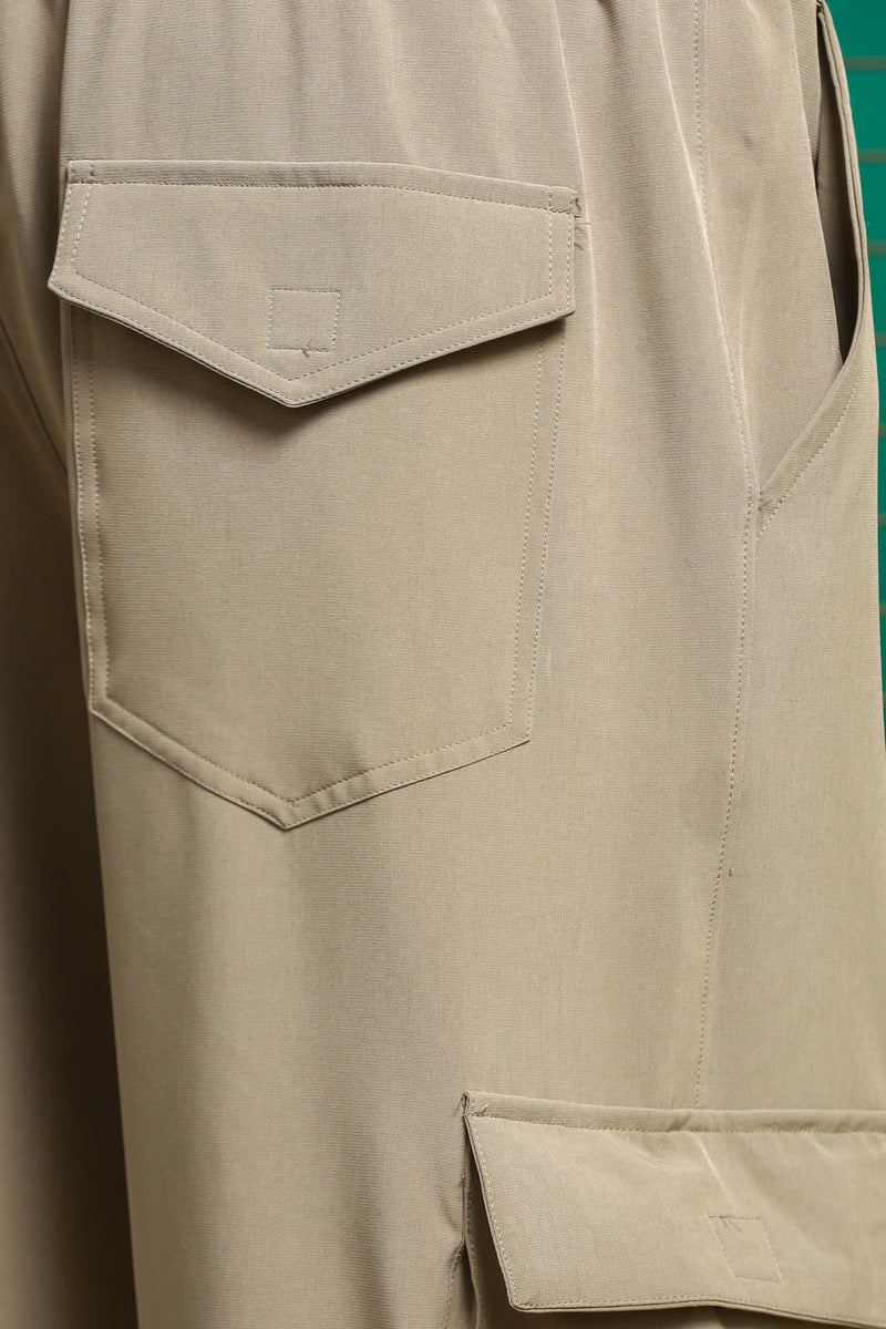 Beige Baggy Fit 6-Pocket Parachute Cargo Trousers