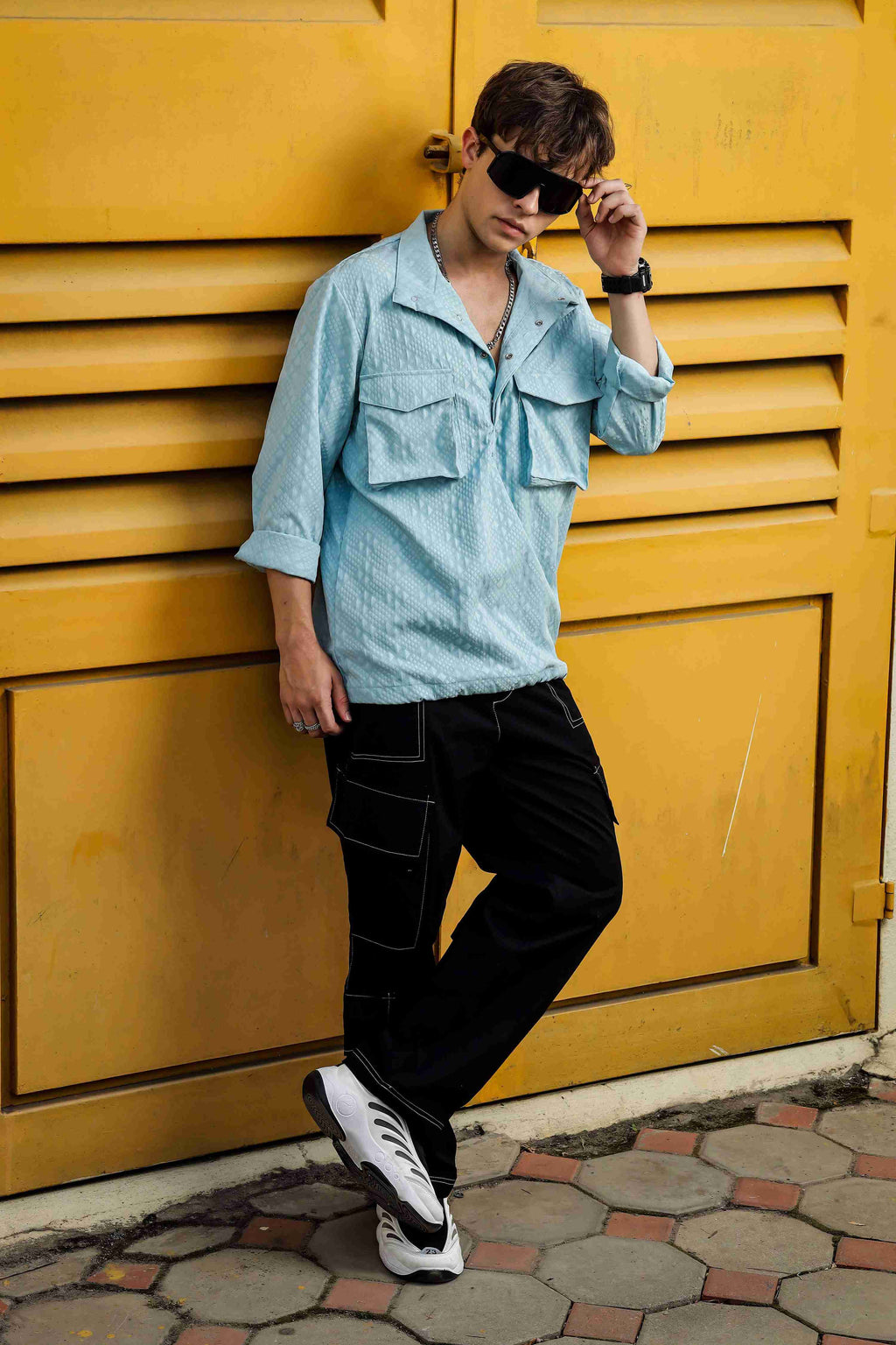 Blue Oversized Jacquard Textured Shacket Pullover