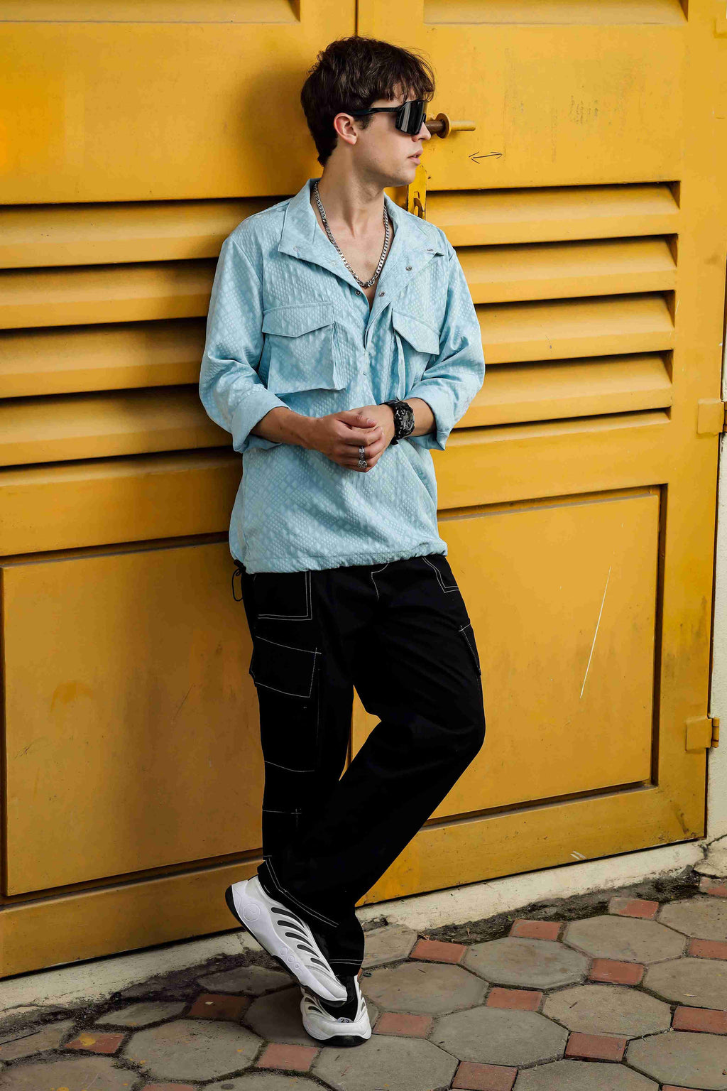 Blue Oversized Jacquard Textured Shacket Pullover