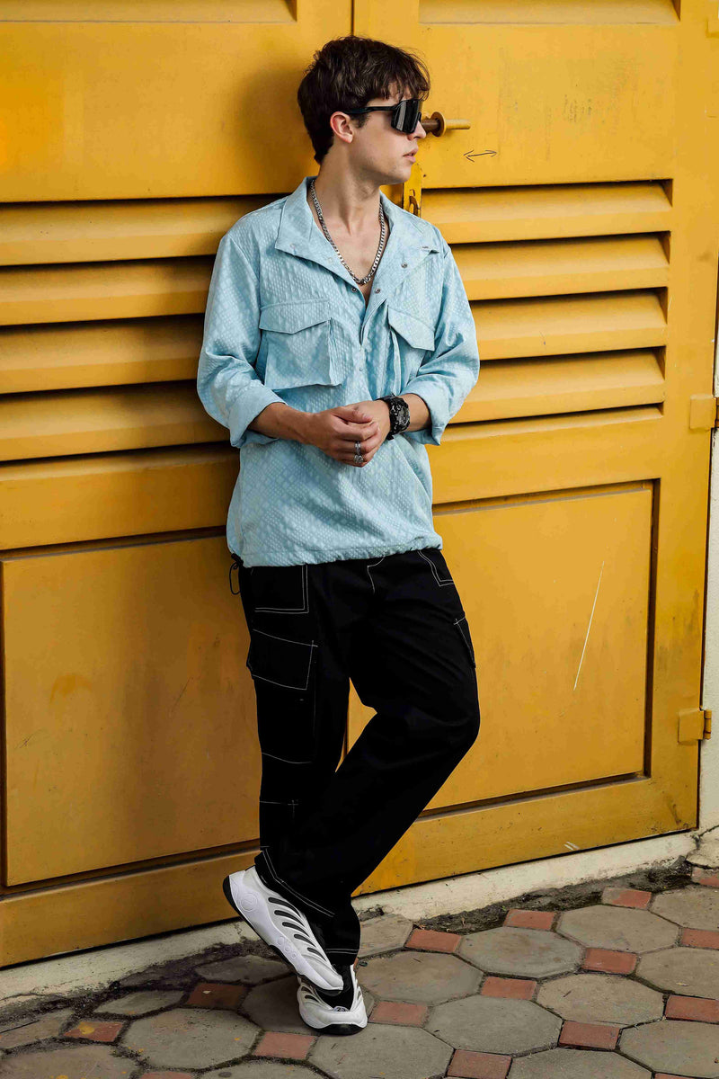 Blue Oversized Jacquard Textured Shacket Pullover