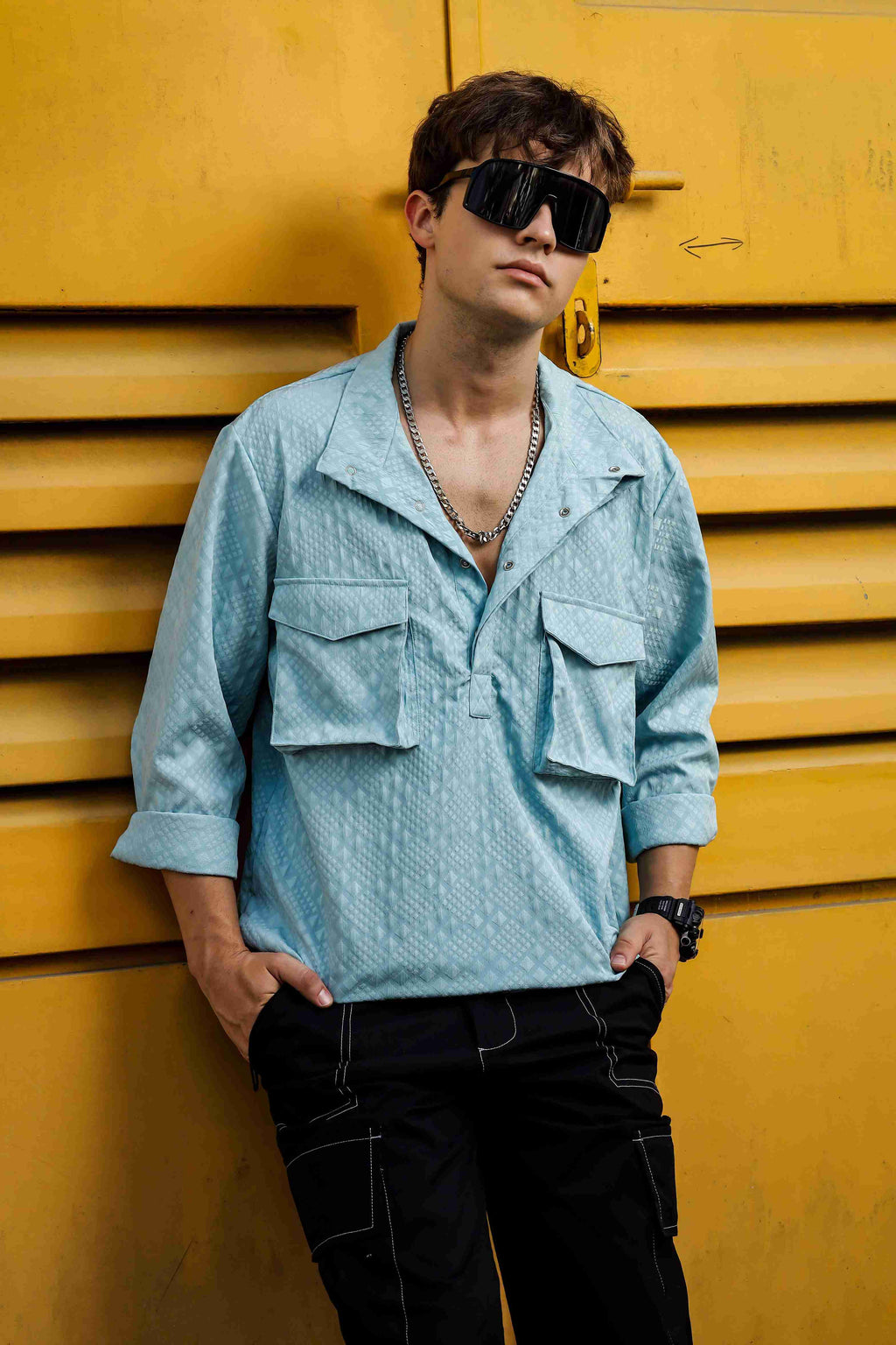 Blue Oversized Jacquard Textured Shacket Pullover
