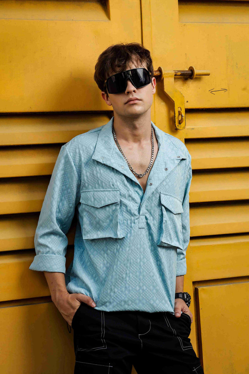 Blue Oversized Jacquard Textured Shacket Pullover
