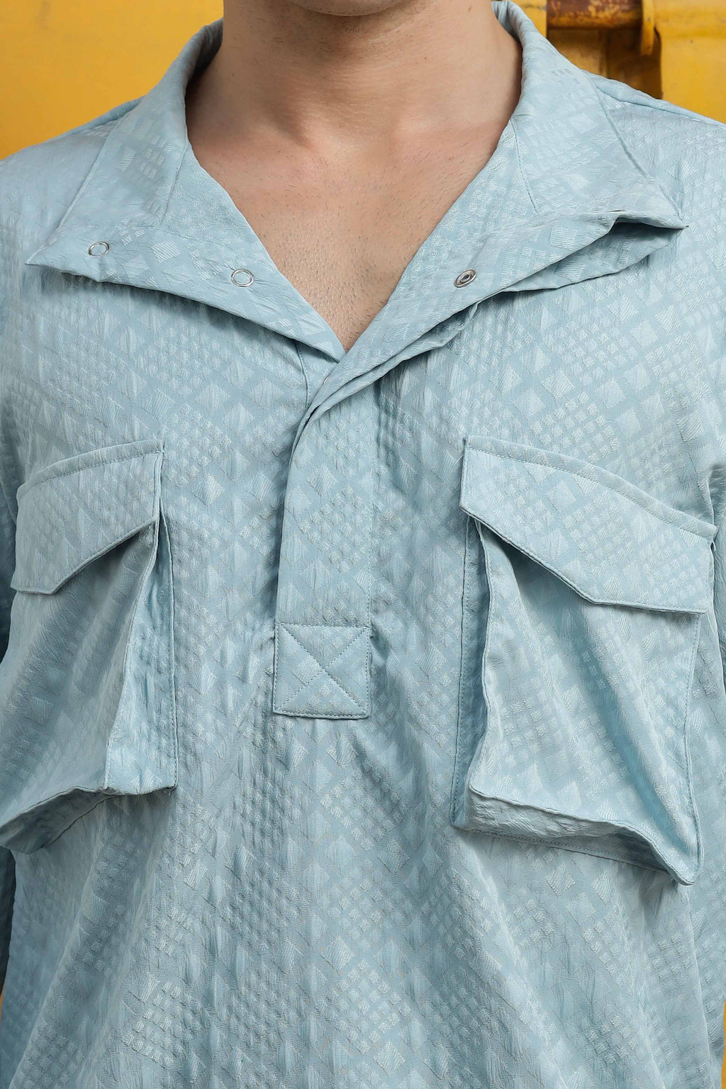 Blue Oversized Jacquard Textured Shacket Pullover