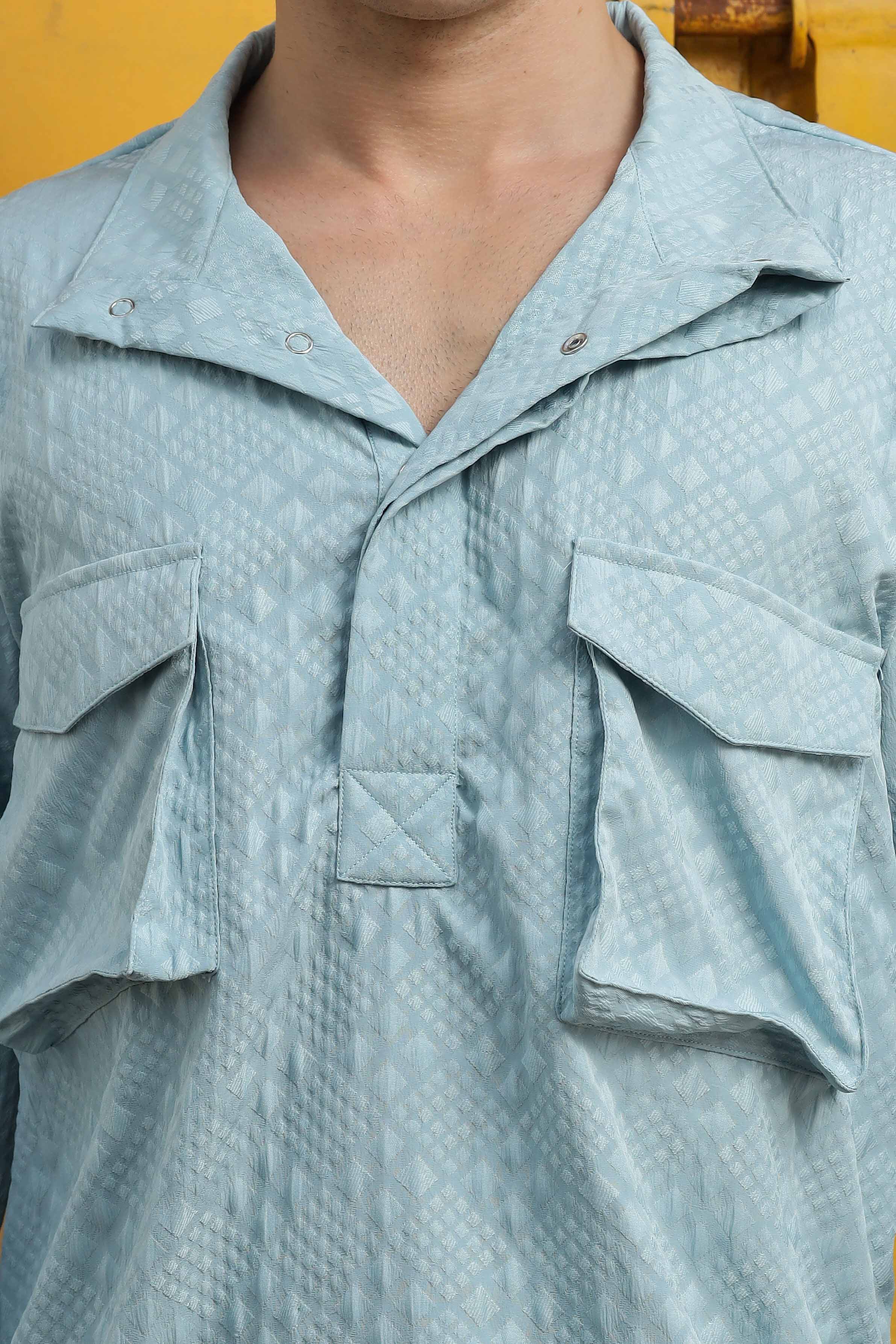 Blue Oversized Jacquard Textured Shacket Pullover