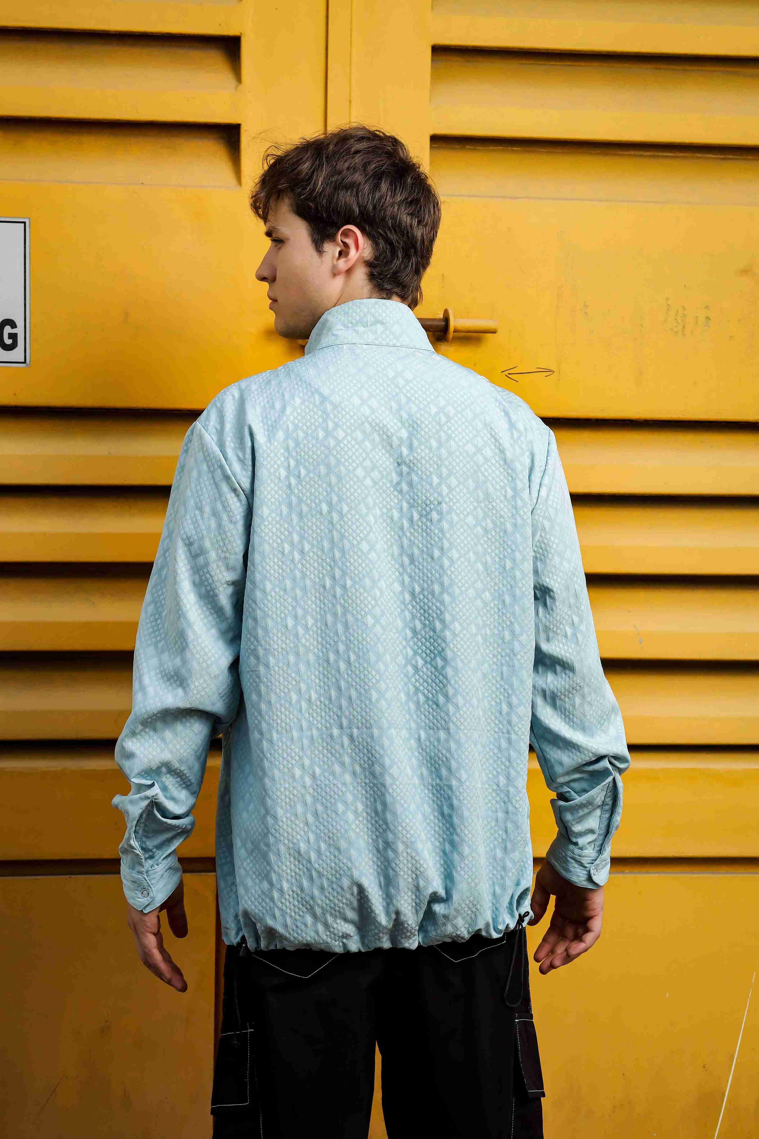 Blue Oversized Jacquard Textured Shacket Pullover