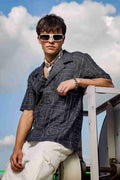 Grey Linen Blend Embroidered  Korean Notched Lapel Collar Oversized Fit Shirt