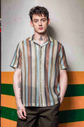 Unisex Regular Fit Brown Striped Semi Sheer Crochet-Look Resort Shirt