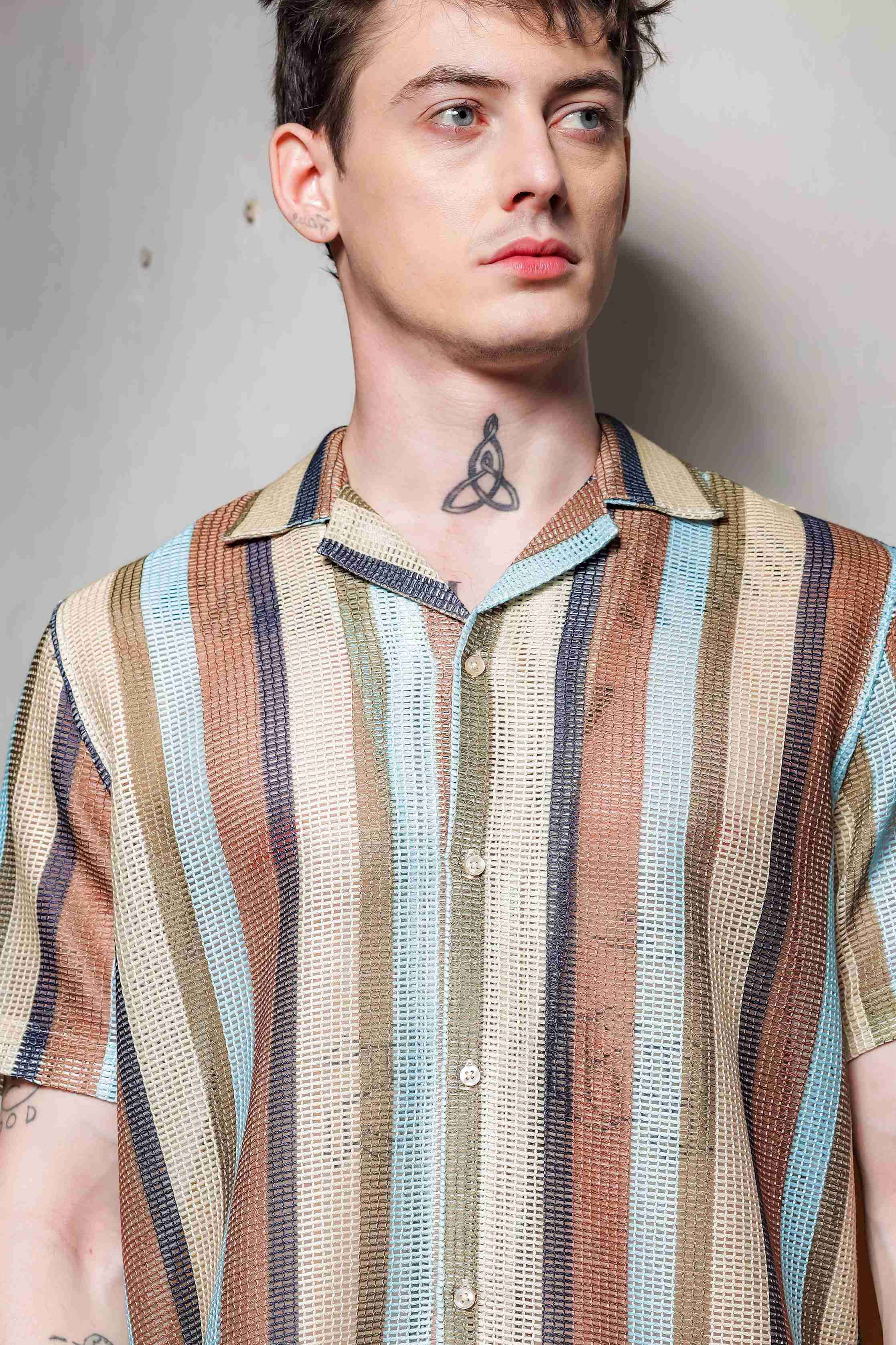Unisex Regular Fit Brown Striped Semi Sheer Crochet-Look Resort Shirt