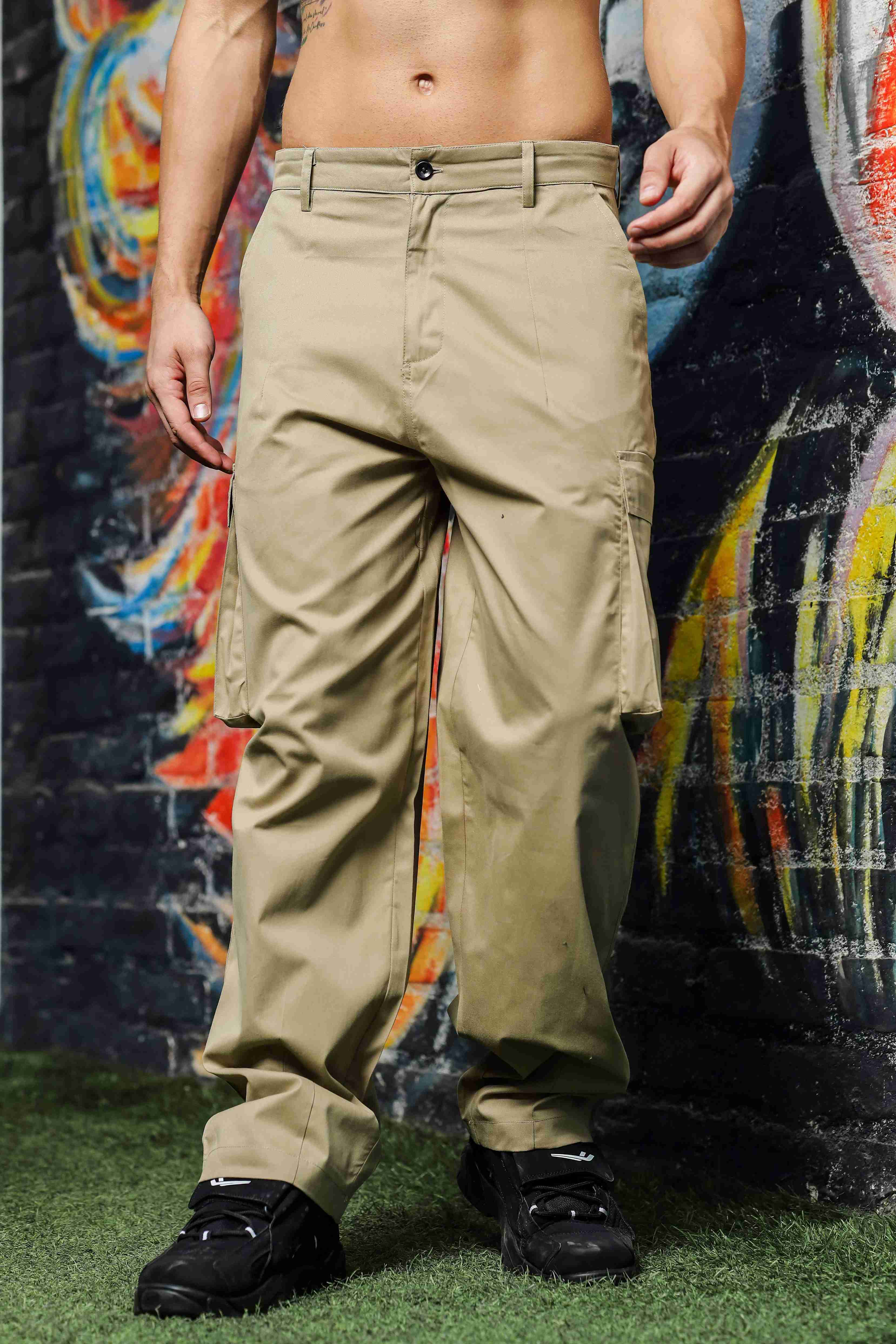 Unisex Baggy fit 6 Pocket Beige Cotton Cargo Trousers