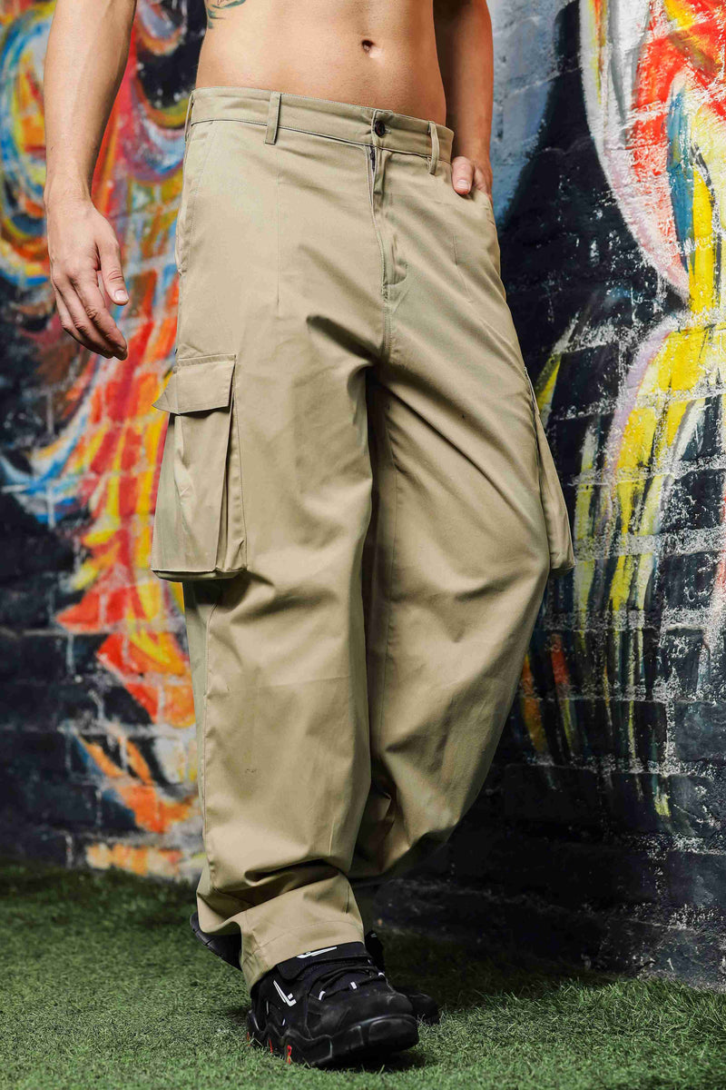 Unisex Baggy fit 6 Pocket Beige Cotton Cargo Trousers