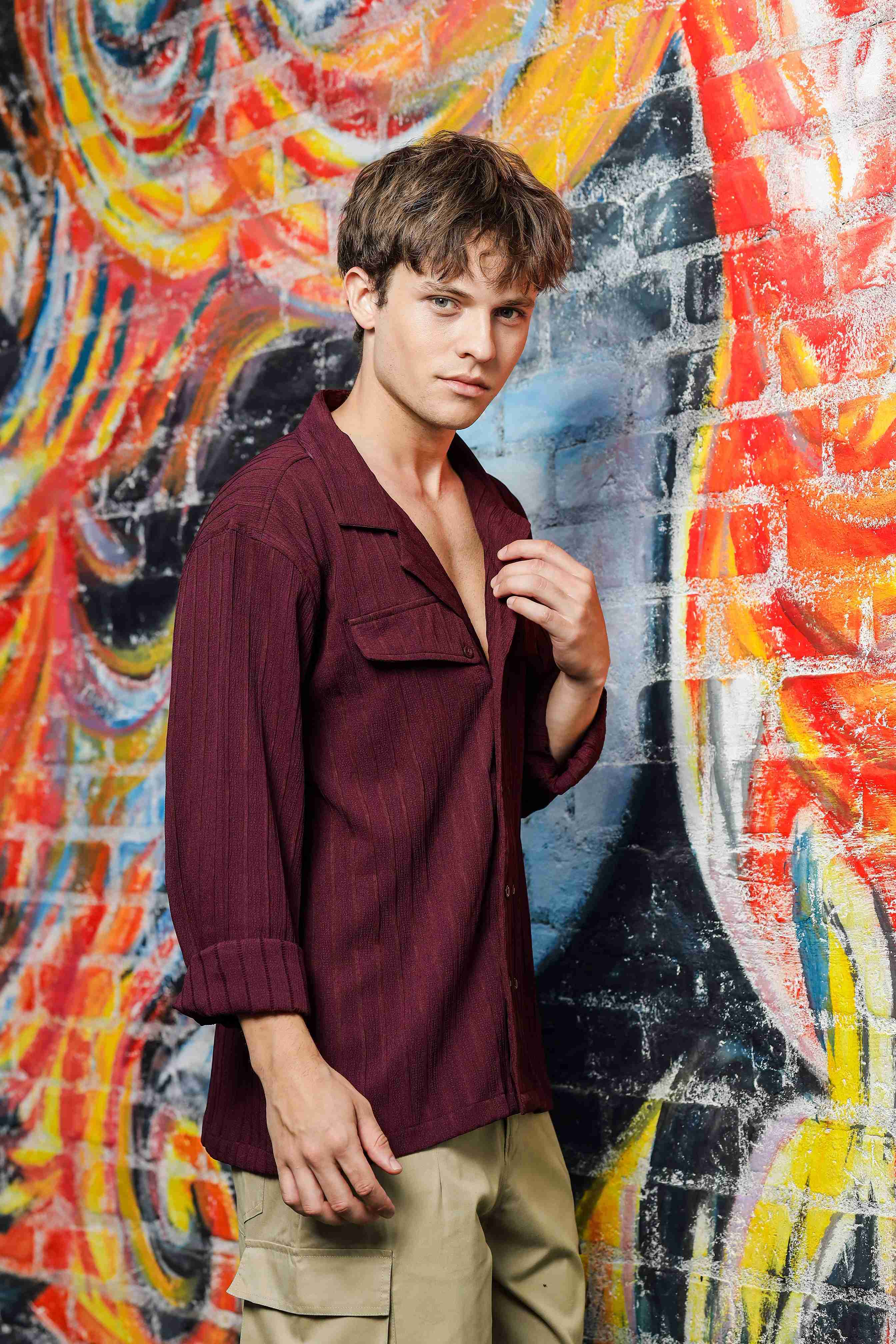 Maroon Rib Textured Relaxed Korean Shacket Shirt
