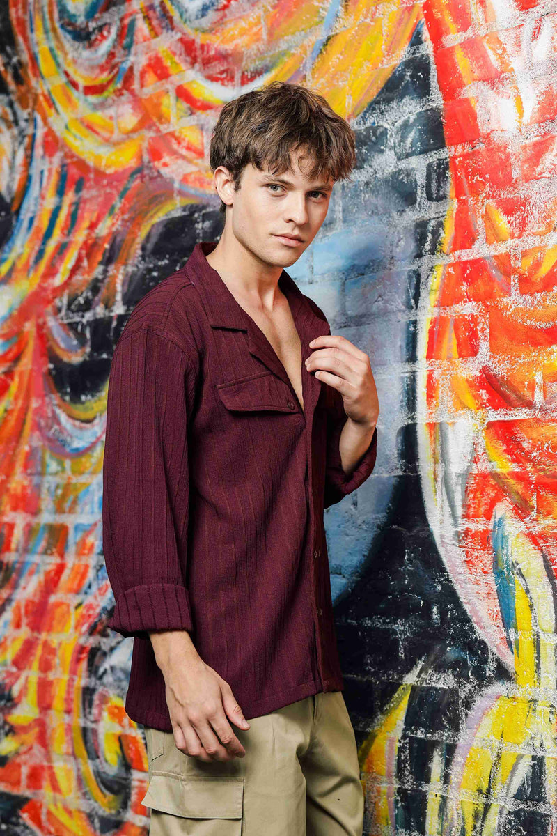 Maroon Rib Textured Relaxed Korean Shacket Shirt