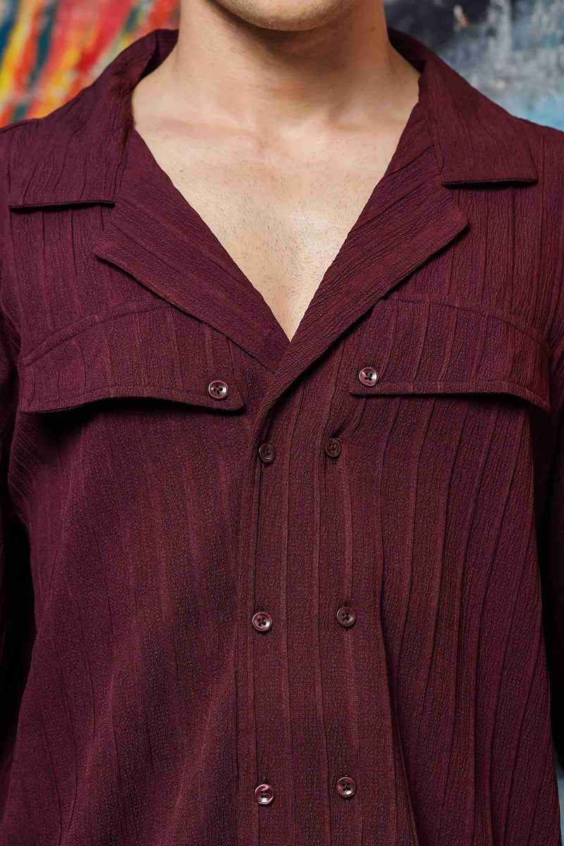 Maroon Rib Textured Relaxed Korean Shacket Shirt