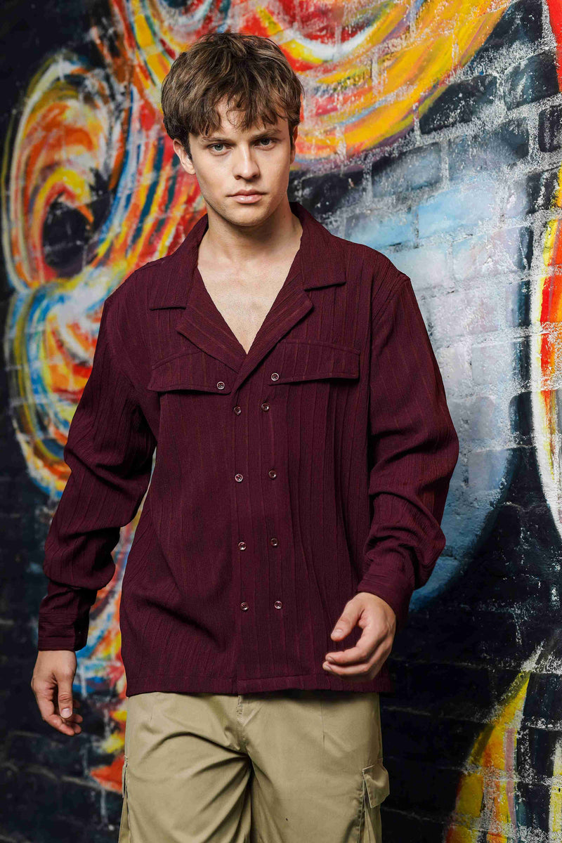 Maroon Rib Textured Relaxed Korean Shacket Shirt