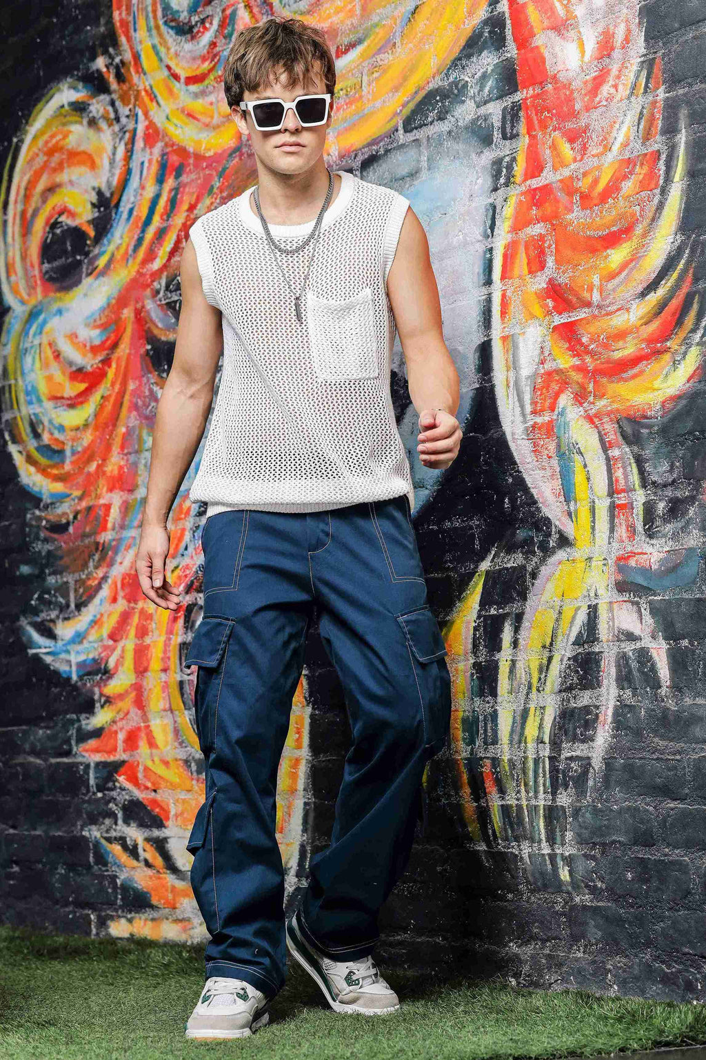 Navy Baggy fit 8-Pocket Pure Cotton Cargo Trousers