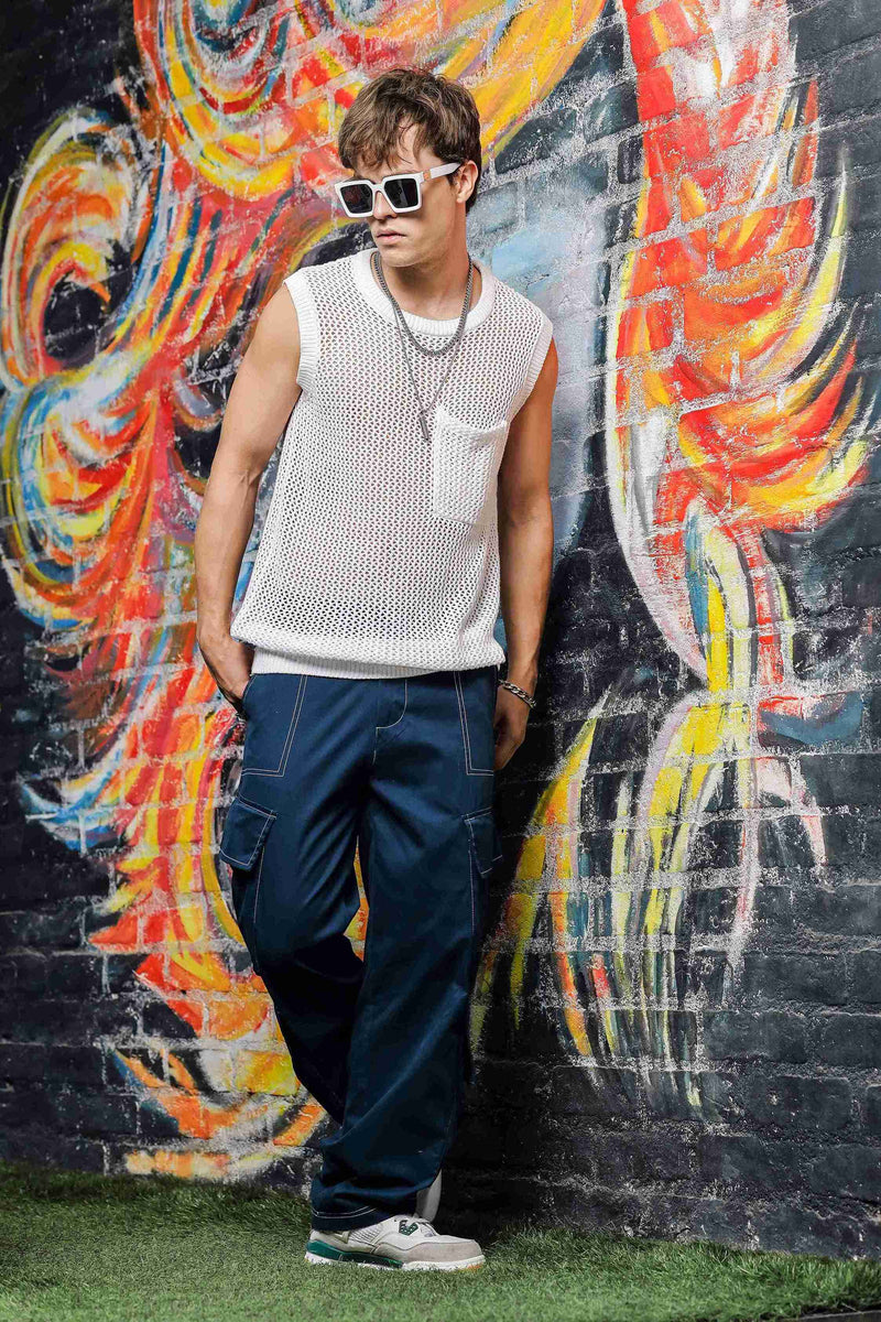 Navy Baggy fit 8-Pocket Pure Cotton Cargo Trousers