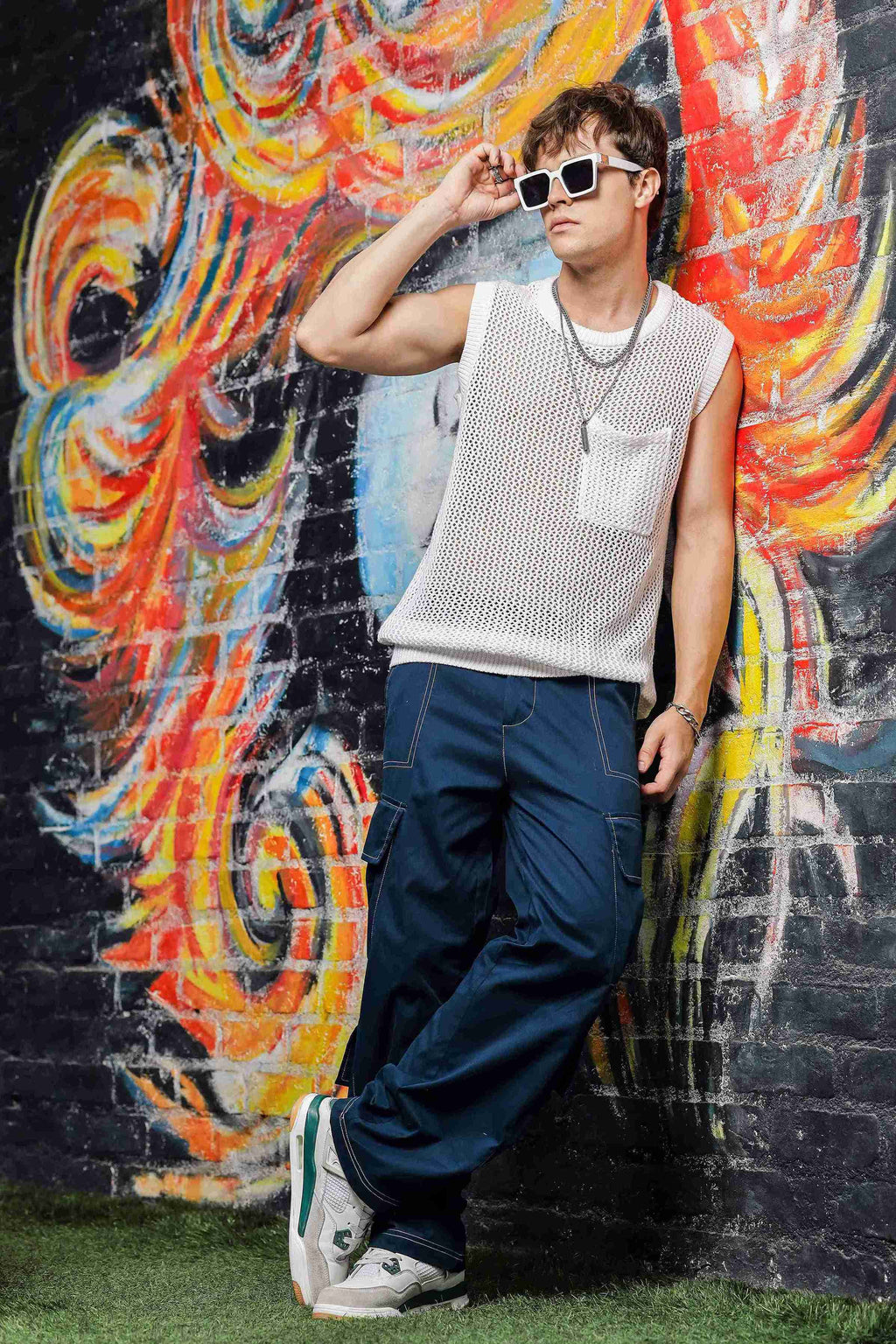 Navy Baggy fit 8-Pocket Pure Cotton Cargo Trousers