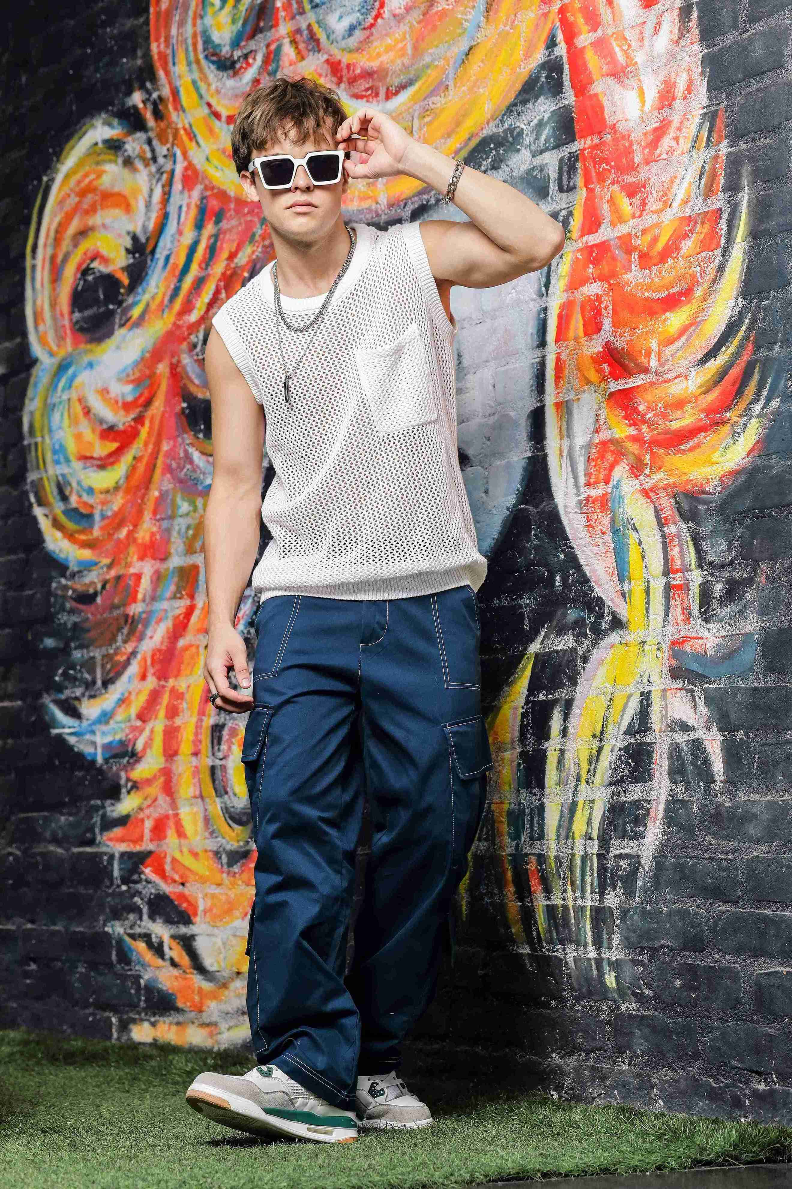 Navy Baggy fit 8-Pocket Pure Cotton Cargo Trousers