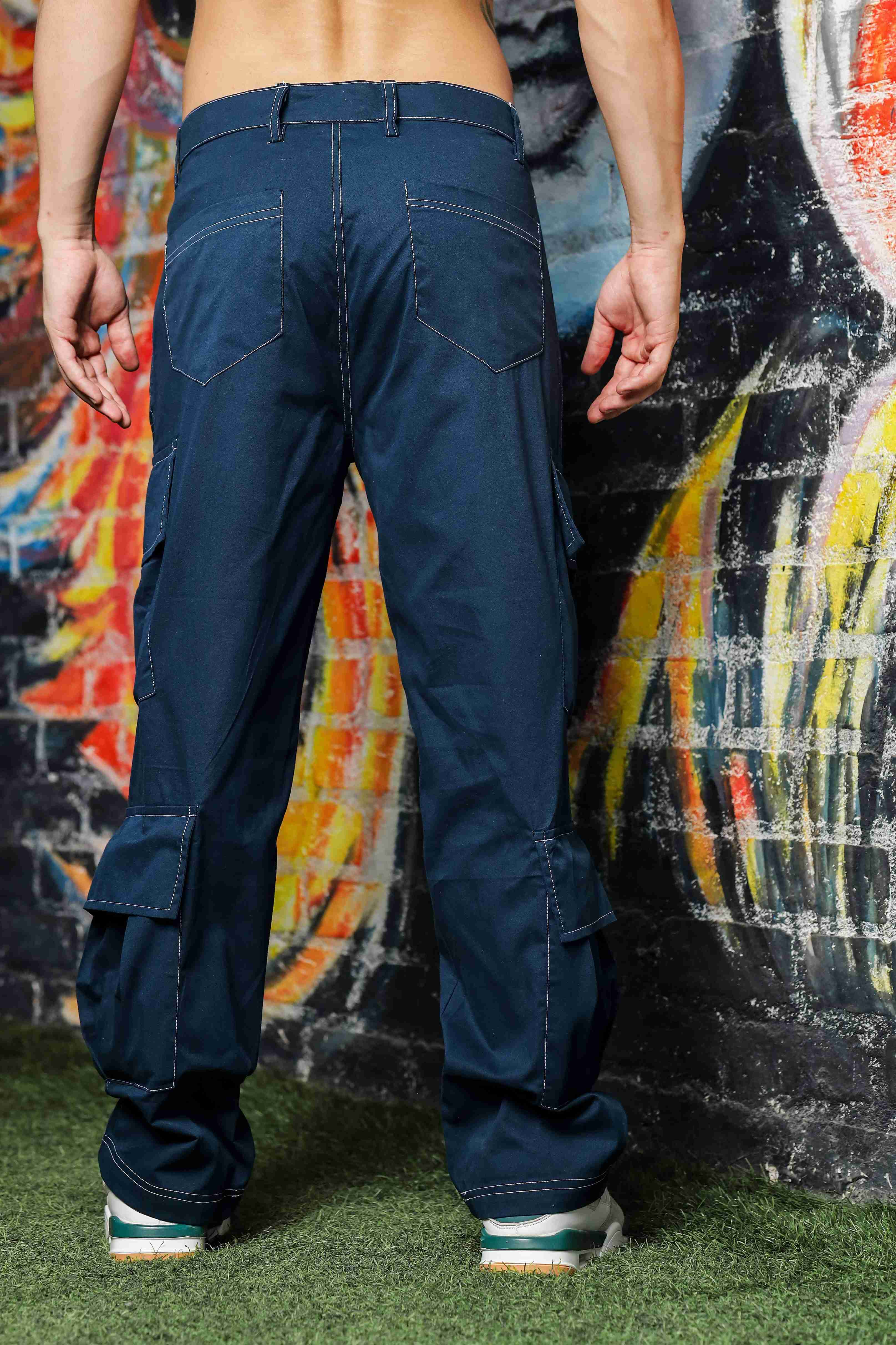 Navy Baggy fit 8-Pocket Pure Cotton Cargo Trousers
