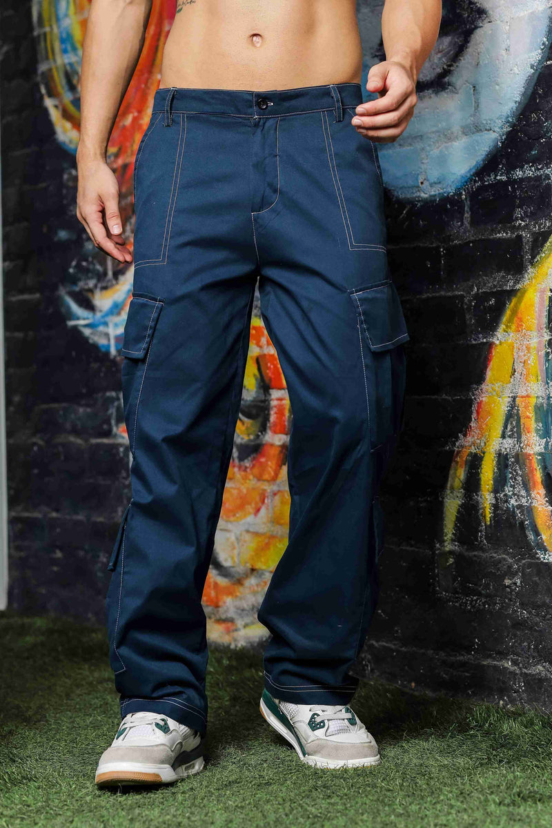 Navy Baggy fit 8-Pocket Pure Cotton Cargo Trousers