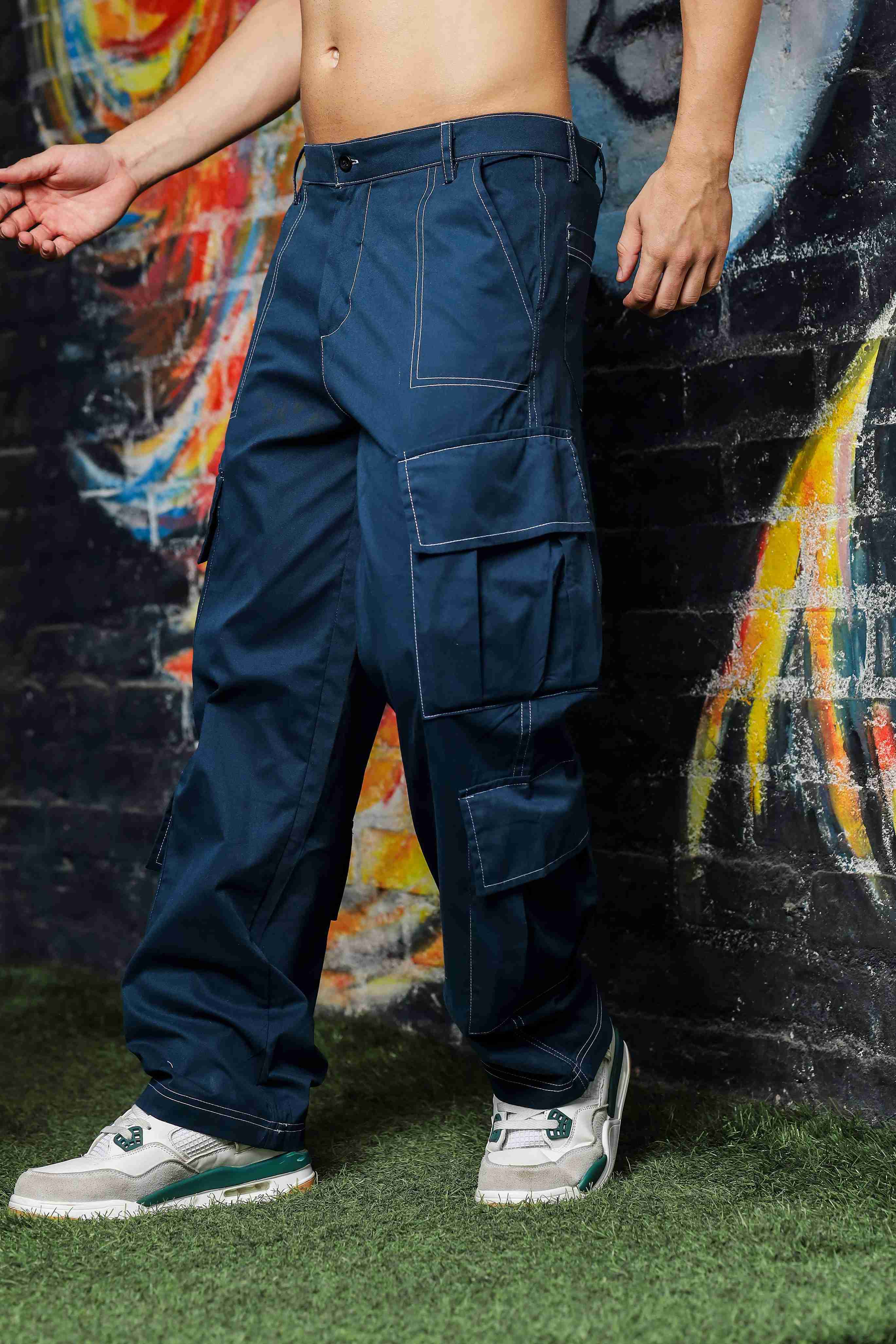 Navy Baggy fit 8-Pocket Pure Cotton Cargo Trousers
