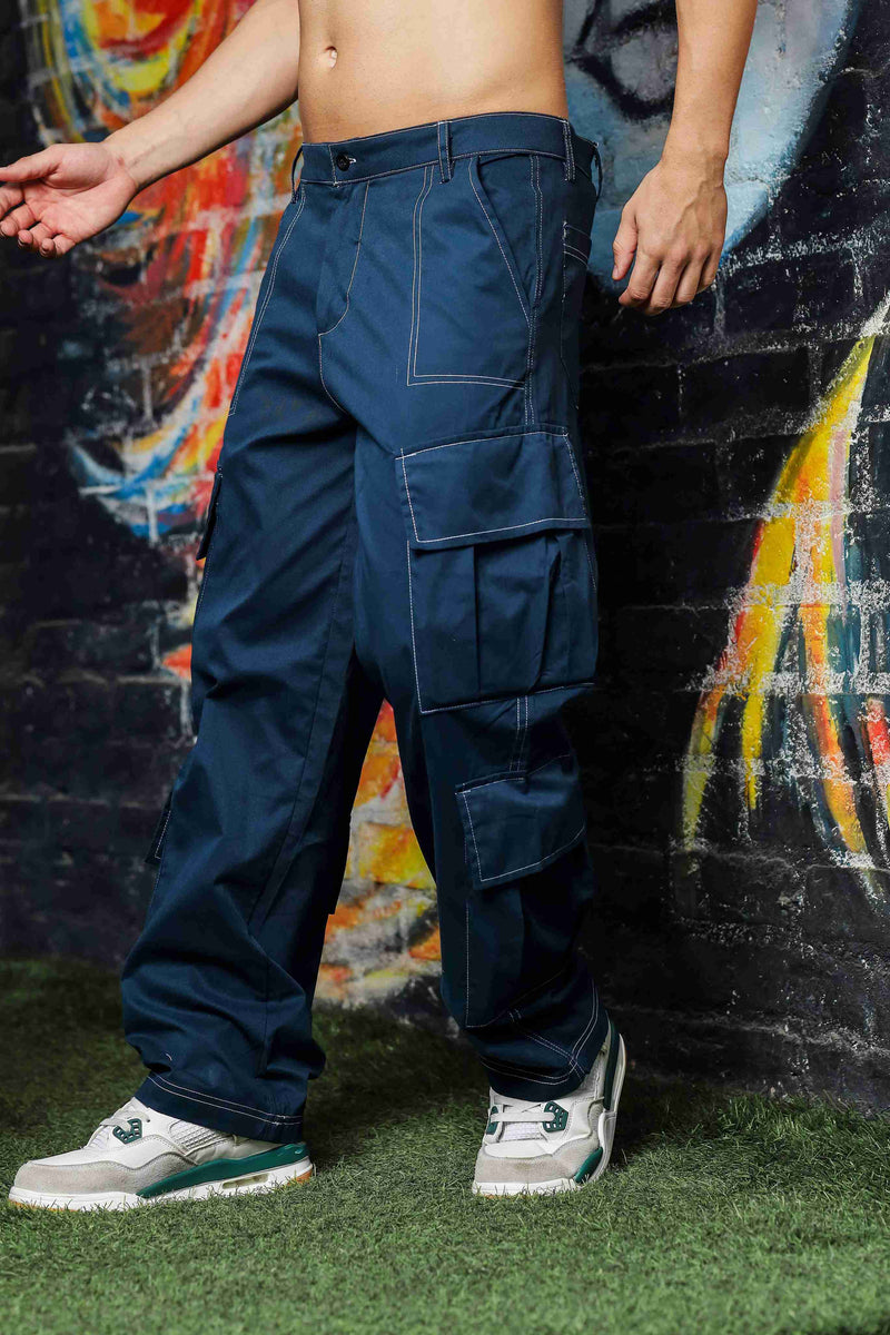 Navy Baggy fit 8-Pocket Pure Cotton Cargo Trousers
