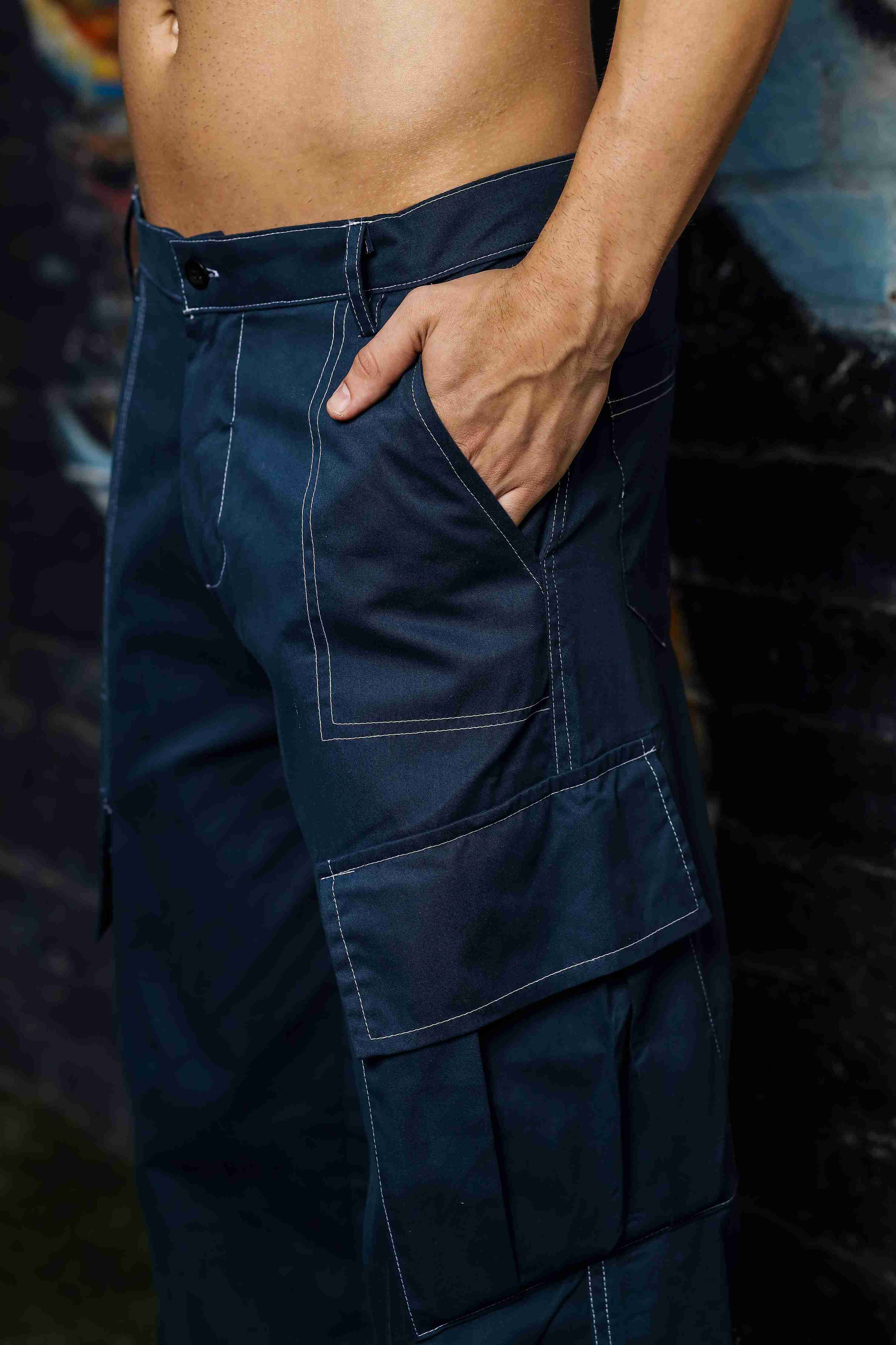 Navy Baggy fit 8-Pocket Pure Cotton Cargo Trousers