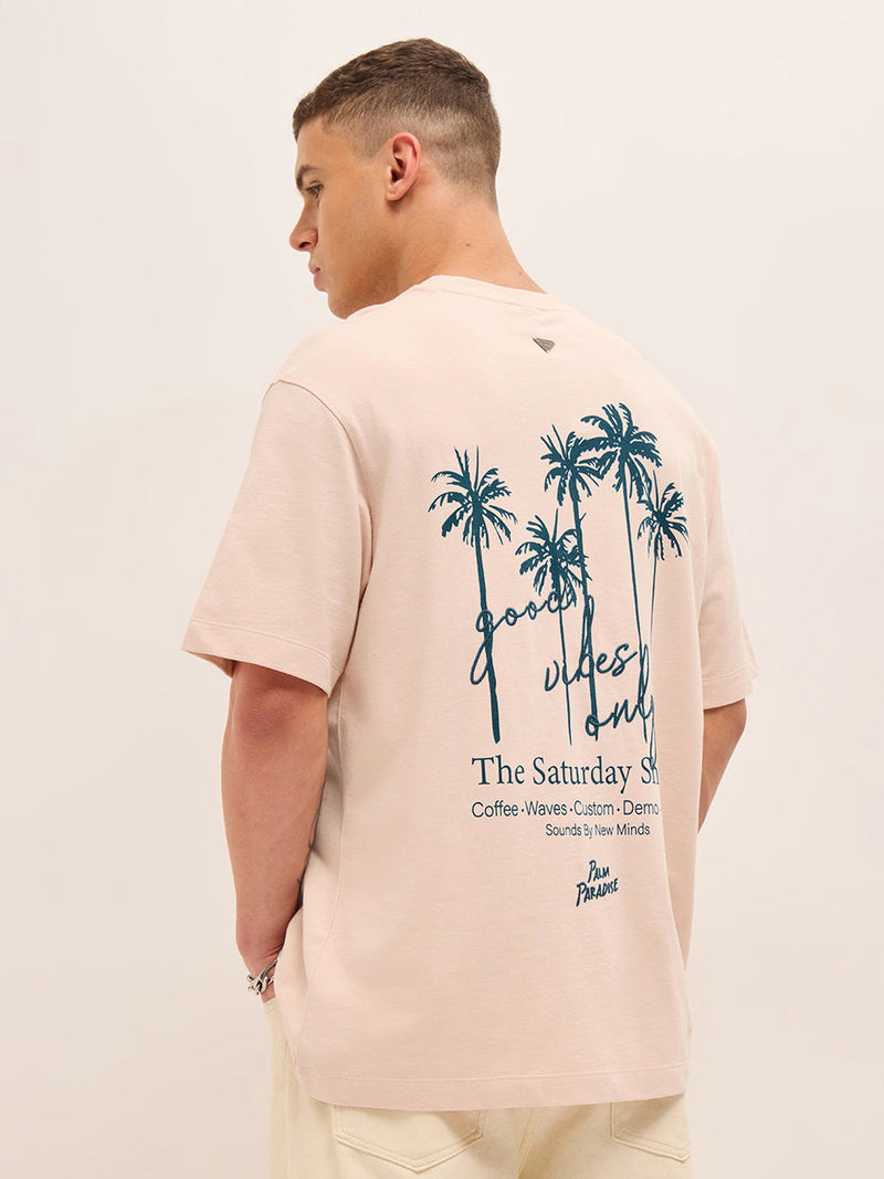 PITH - Peach Oversized Crew Neck T-Shirt with Palm Tree Back Graphic Print