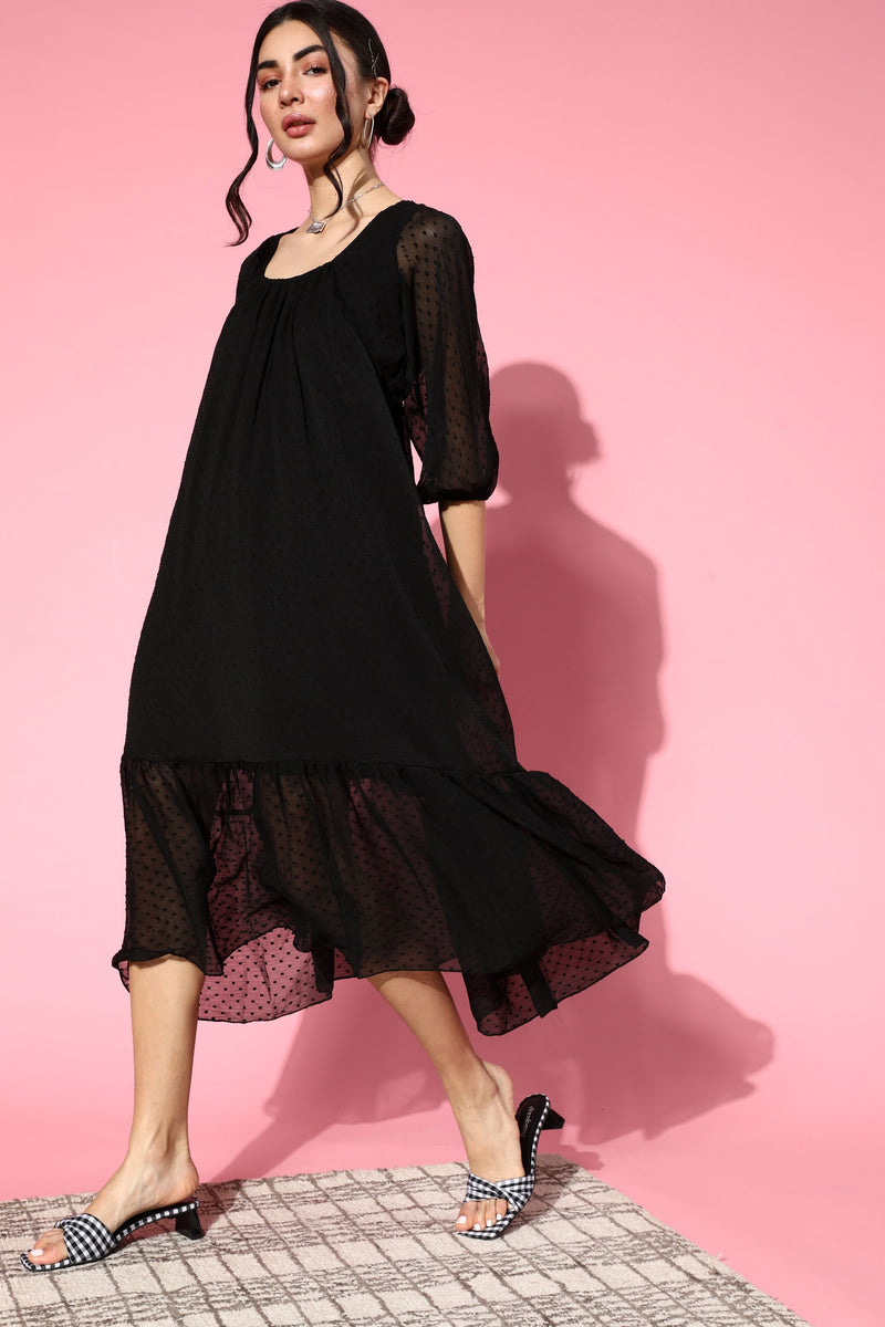 Athena Black Dobby Chiffon Trapeze Dress With Backless Detail