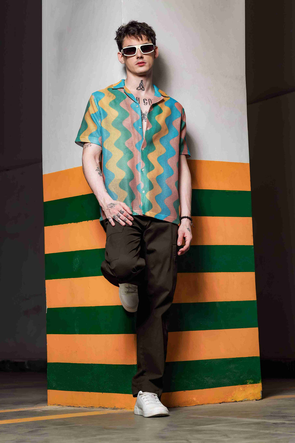 Relaxed Fit Semi Sheer Crochet-Look Resort Shirt