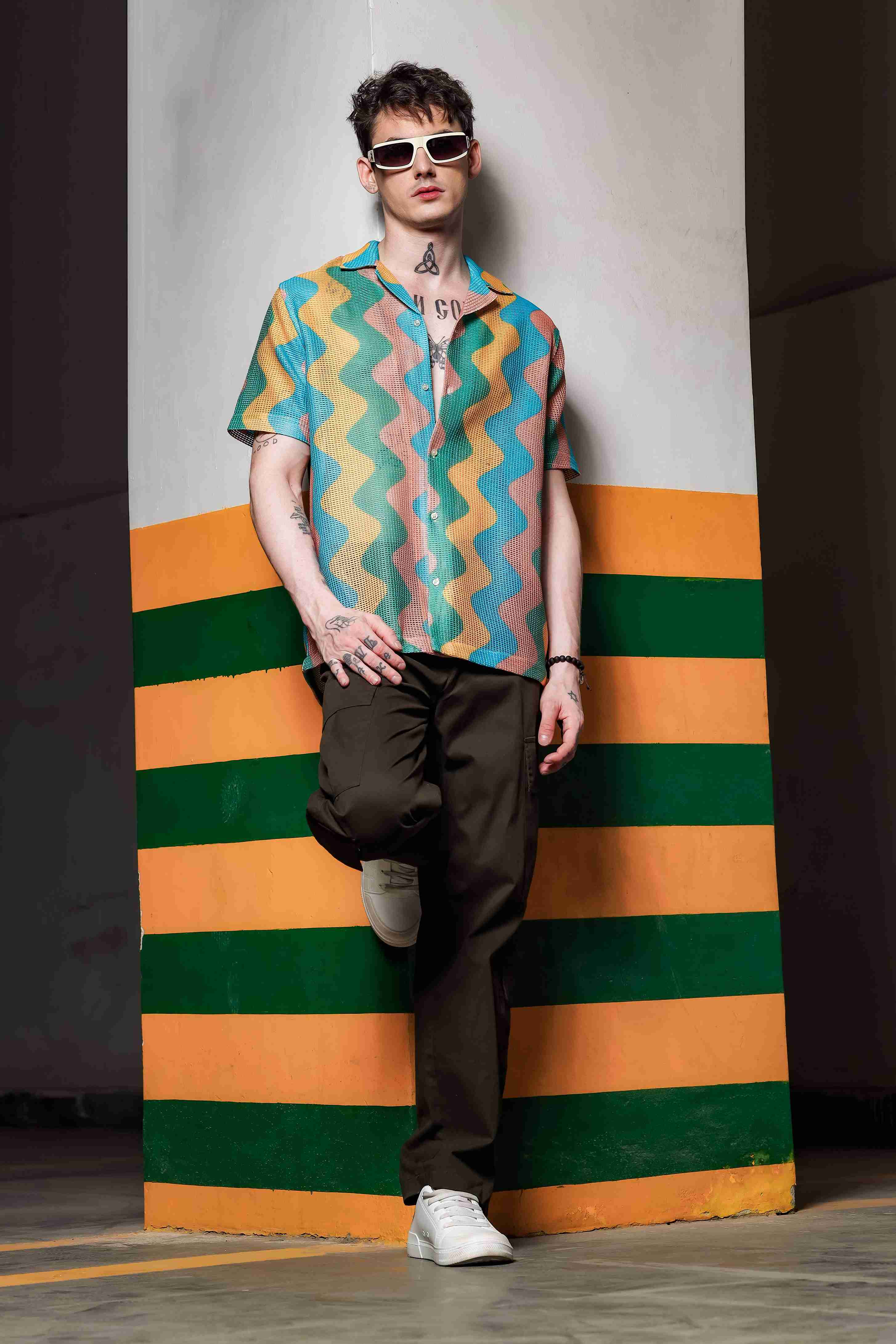 Relaxed Fit Semi Sheer Crochet-Look Resort Shirt