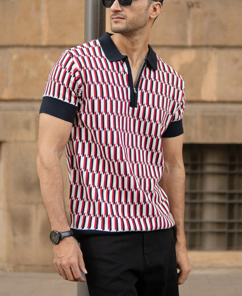 Multicolour Jacquard Knit Polo T-Shirt