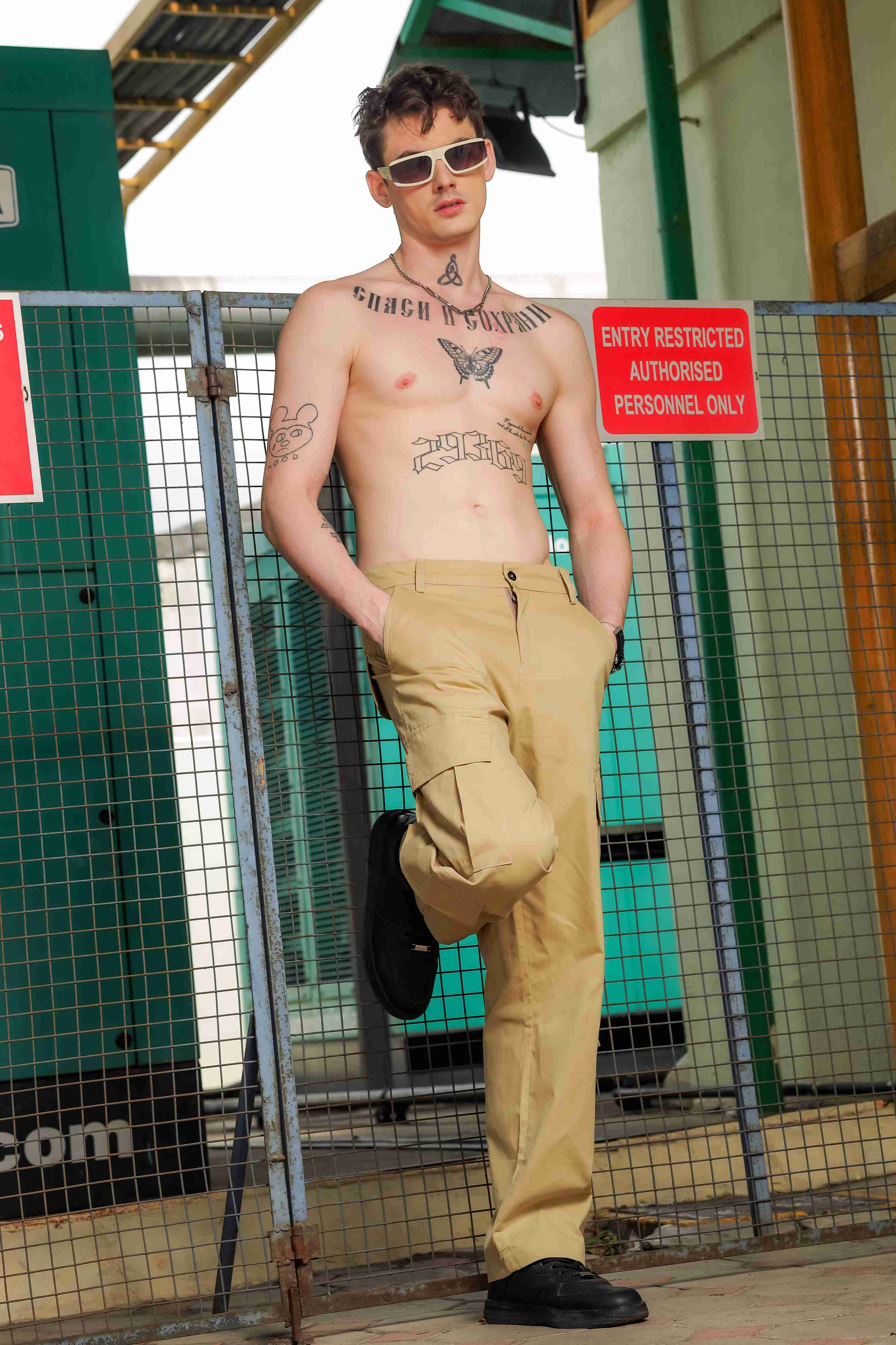 Unisex Baggy fit Pure Cotton Khaki 8-Pocket Cargo Trousers