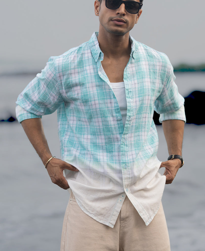 Aqua Blue Light Weight Ombre Checks Shirt