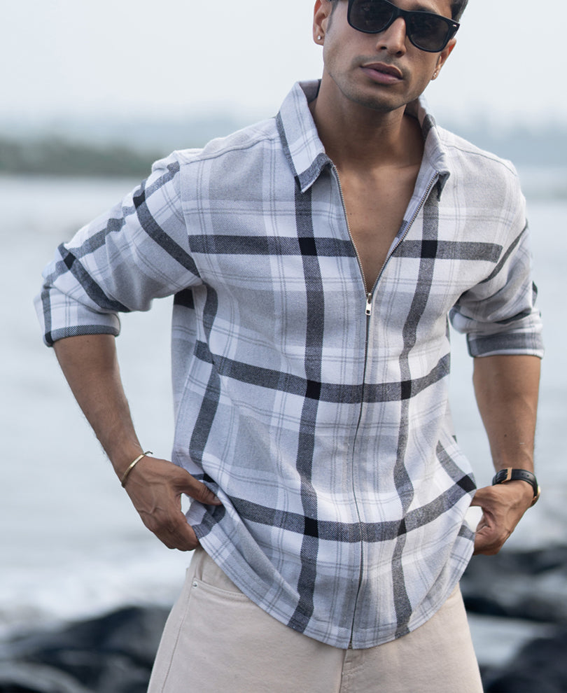 Grey Checks Zipper Shirt