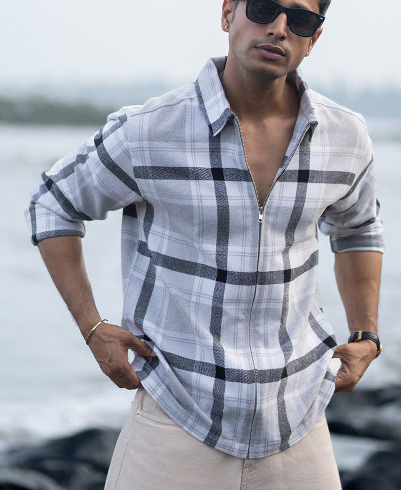 Grey Checks Zipper Shirt