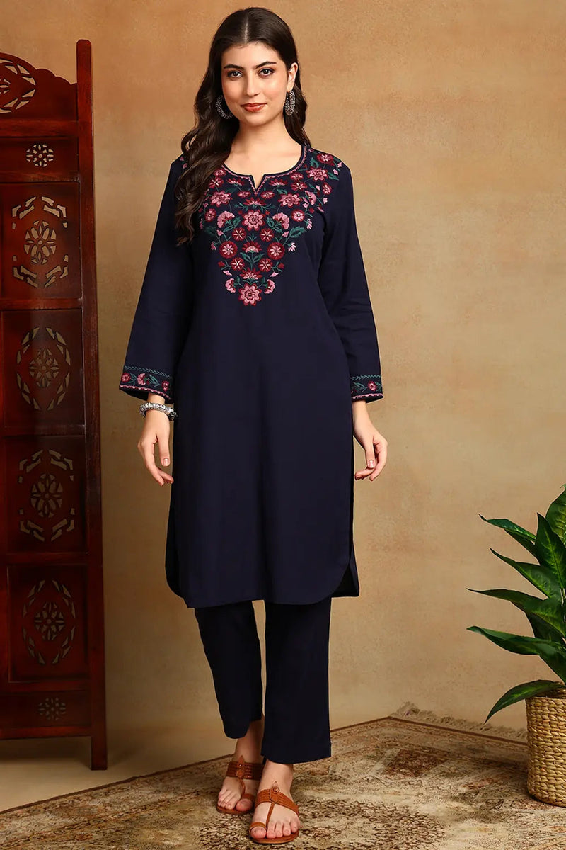 Navy Blue Embroidered Flax Linen Kurta